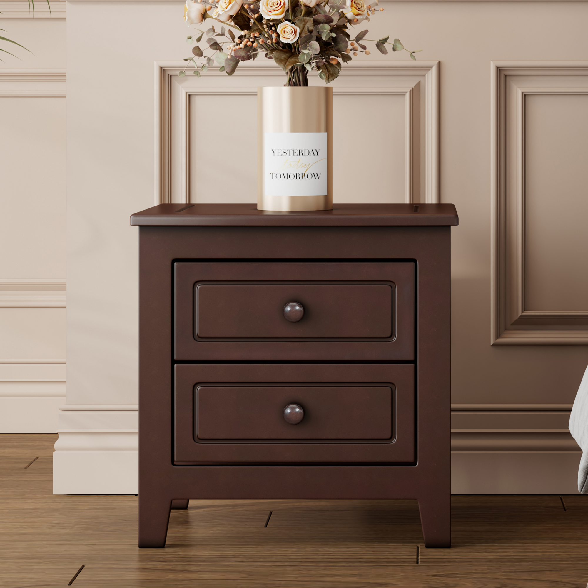 2-Drawer Nightstand for Bedroom, Mid Century Retro Bedside Table with Classic Design,Dark Walnut - Image 2