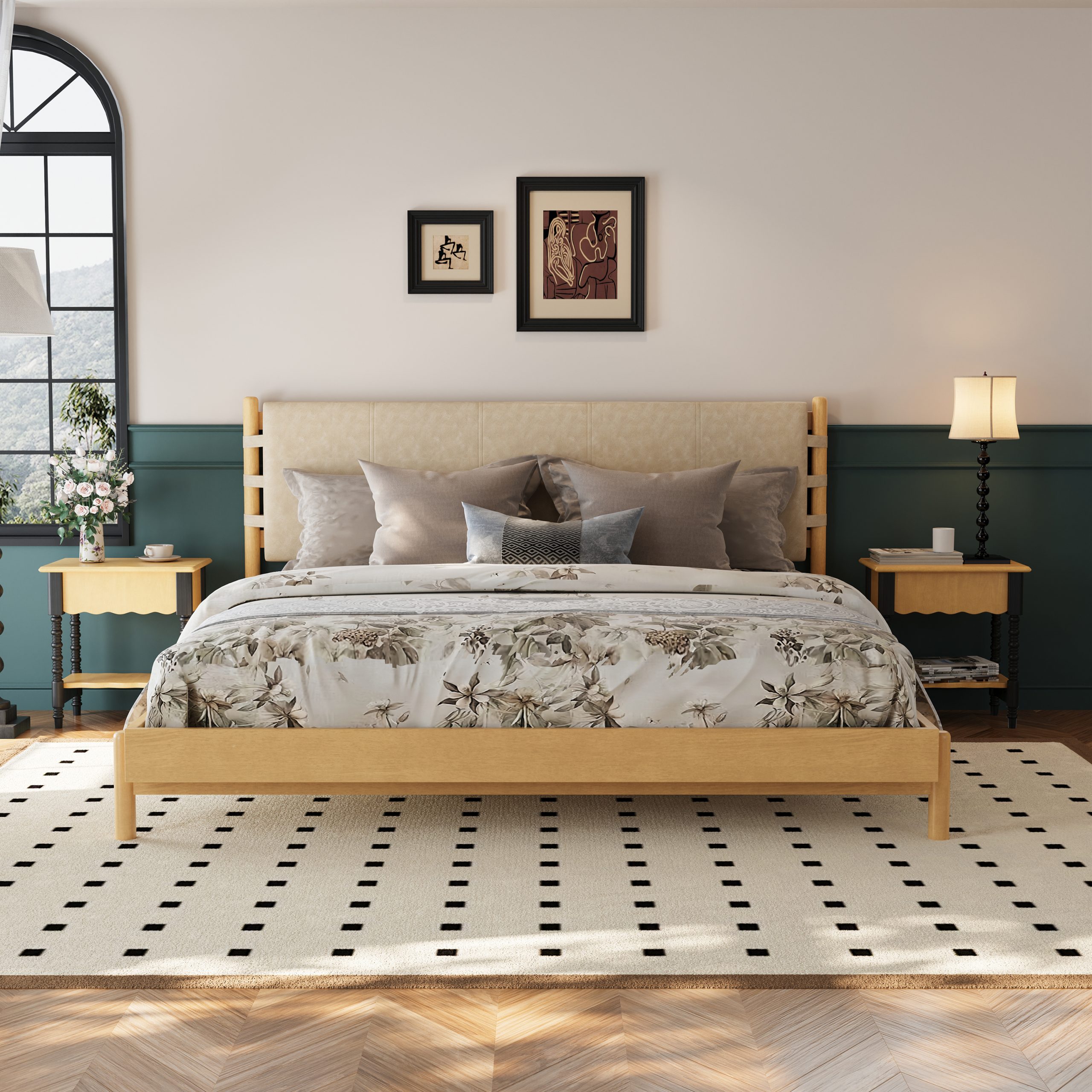 Premium Rubber Wood Platform Bed Frame, King Bed Frame with Headboard Included, Mid Century Modern Bed With Beige Color - Image 2