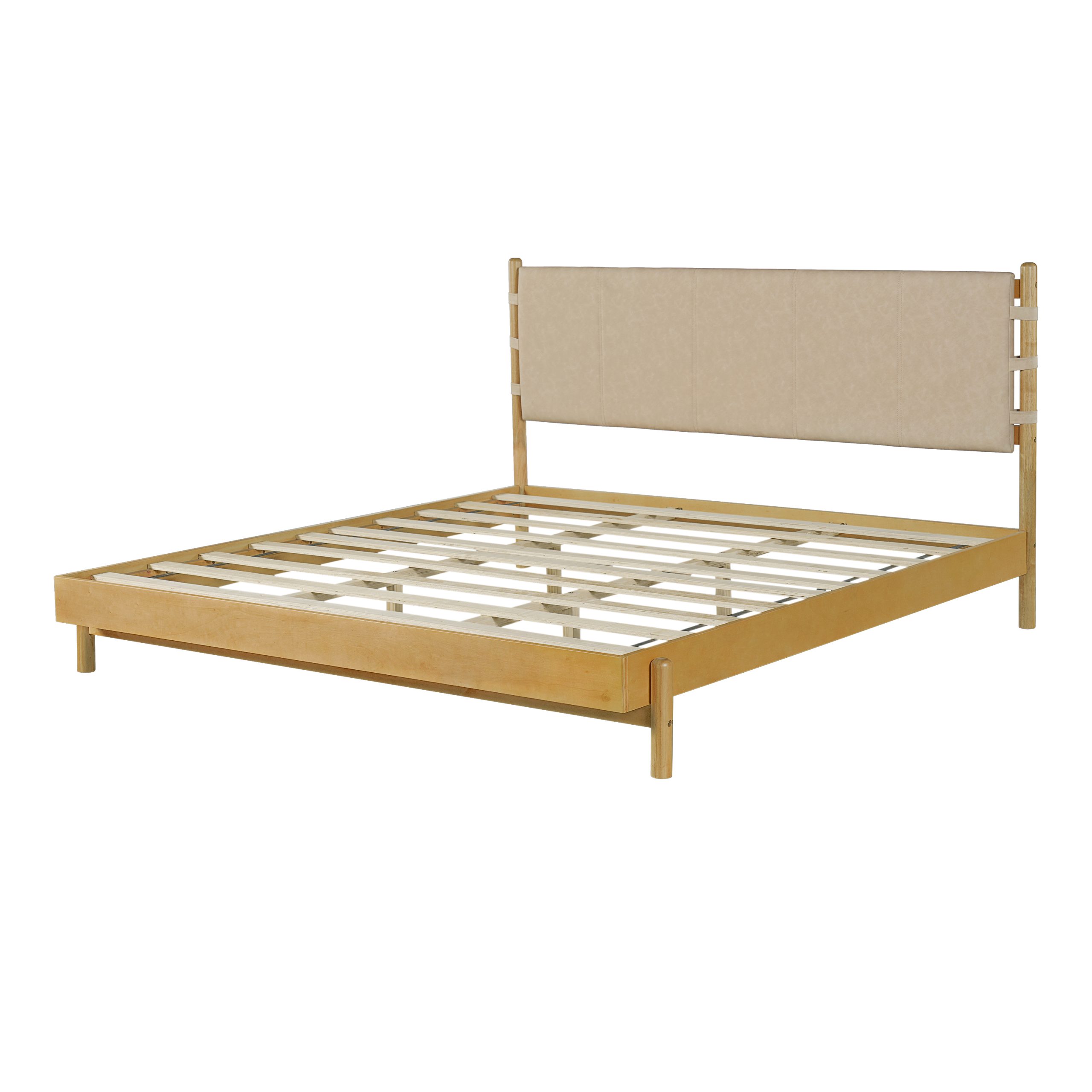 Premium Rubber Wood Platform Bed Frame, King Bed Frame with Headboard Included, Mid Century Modern Bed With Beige Color - Image 4