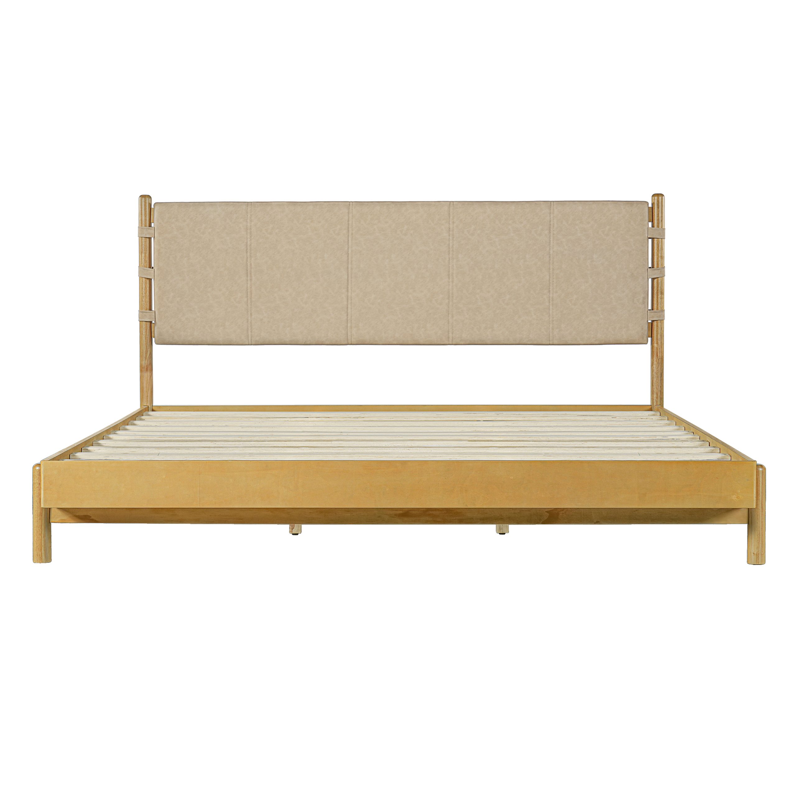 Premium Rubber Wood Platform Bed Frame, King Bed Frame with Headboard Included, Mid Century Modern Bed With Beige Color - Image 5