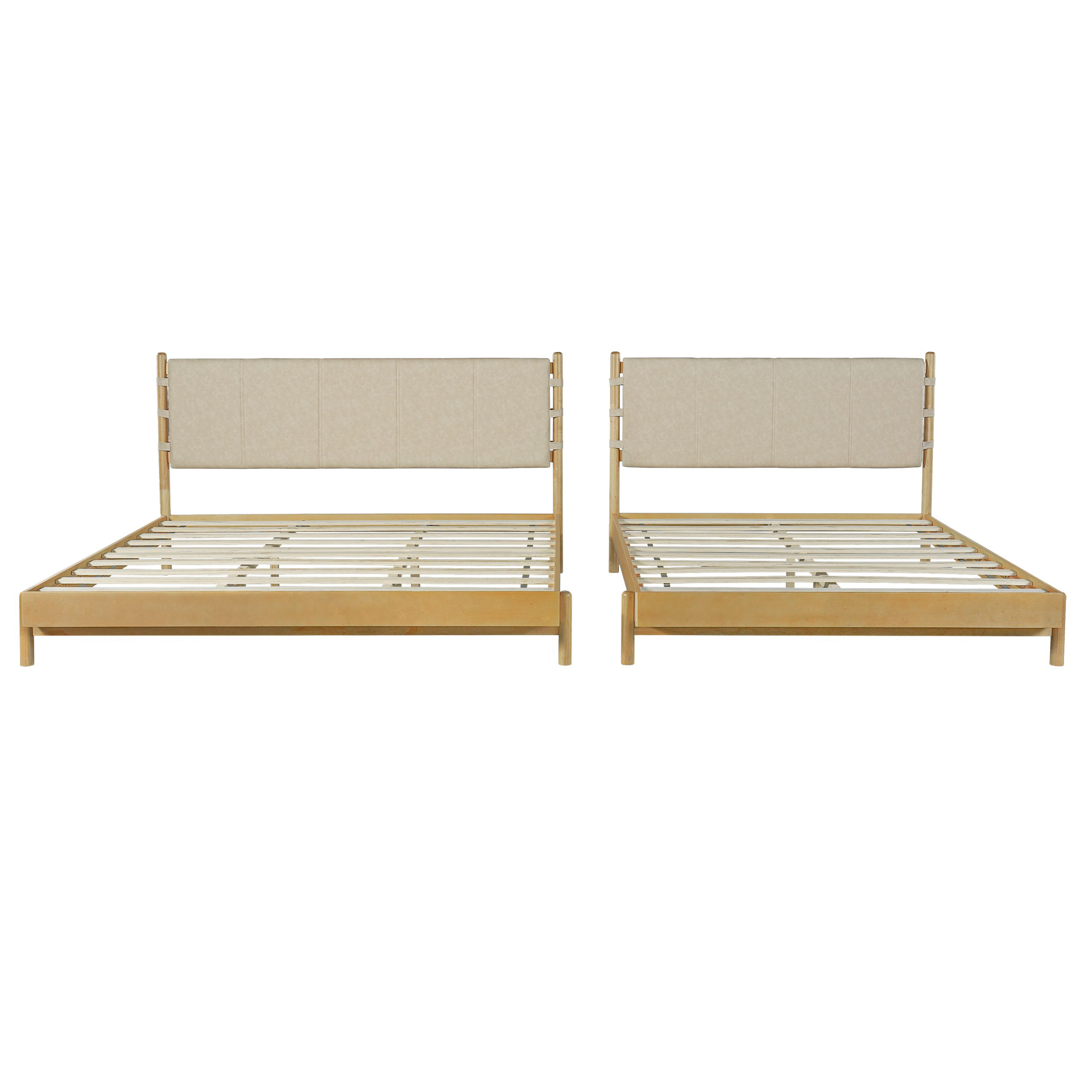 Premium Rubber Wood Platform Bed Frame, King Bed Frame with Headboard Included, Mid Century Modern Bed With Beige Color - Image 6