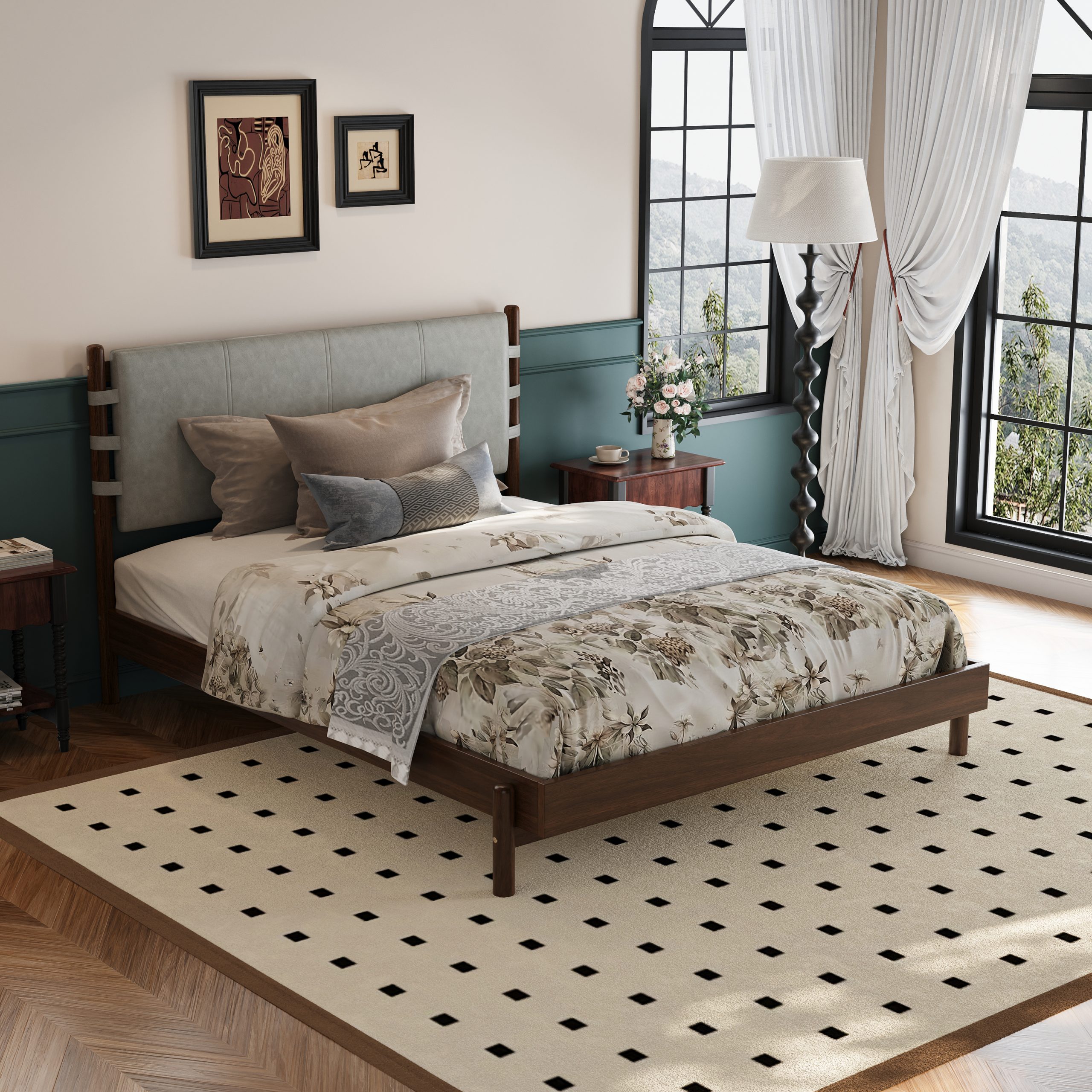 Premium Rubber Wood Platform Bed Frame, Queen Bed Frame with Headboard Included, Mid Century Modern Bed With Walnut+Light Grey Color - Image 1
