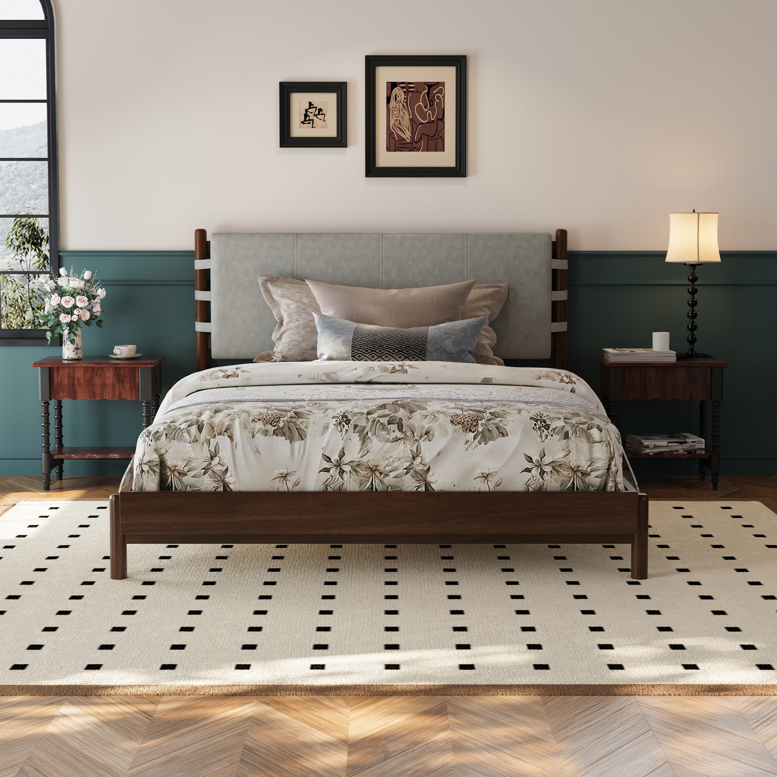 Premium Rubber Wood Platform Bed Frame, Queen Bed Frame with Headboard Included, Mid Century Modern Bed With Walnut+Light Grey Color - Image 2