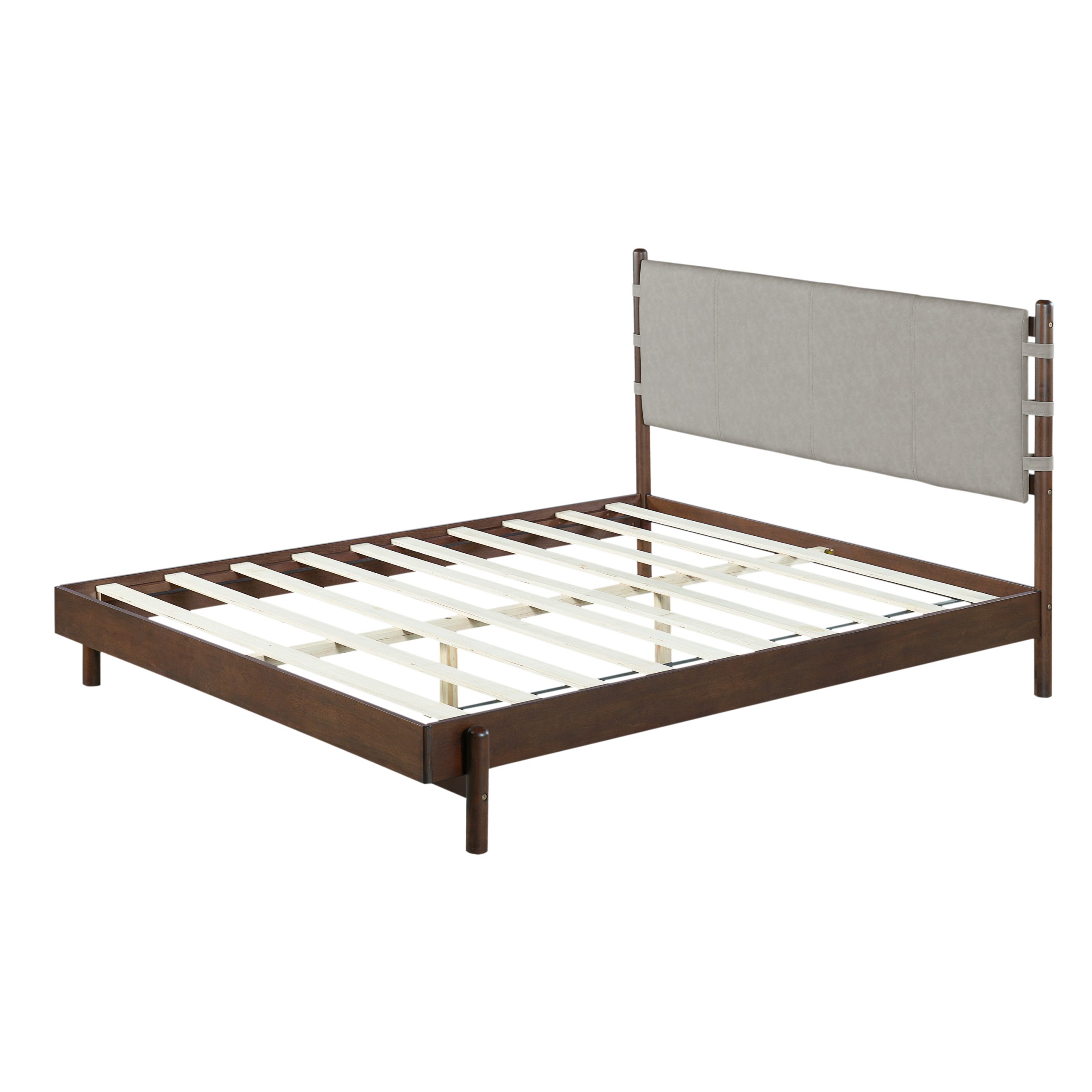 Premium Rubber Wood Platform Bed Frame, Queen Bed Frame with Headboard Included, Mid Century Modern Bed With Walnut+Light Grey Color - Image 4