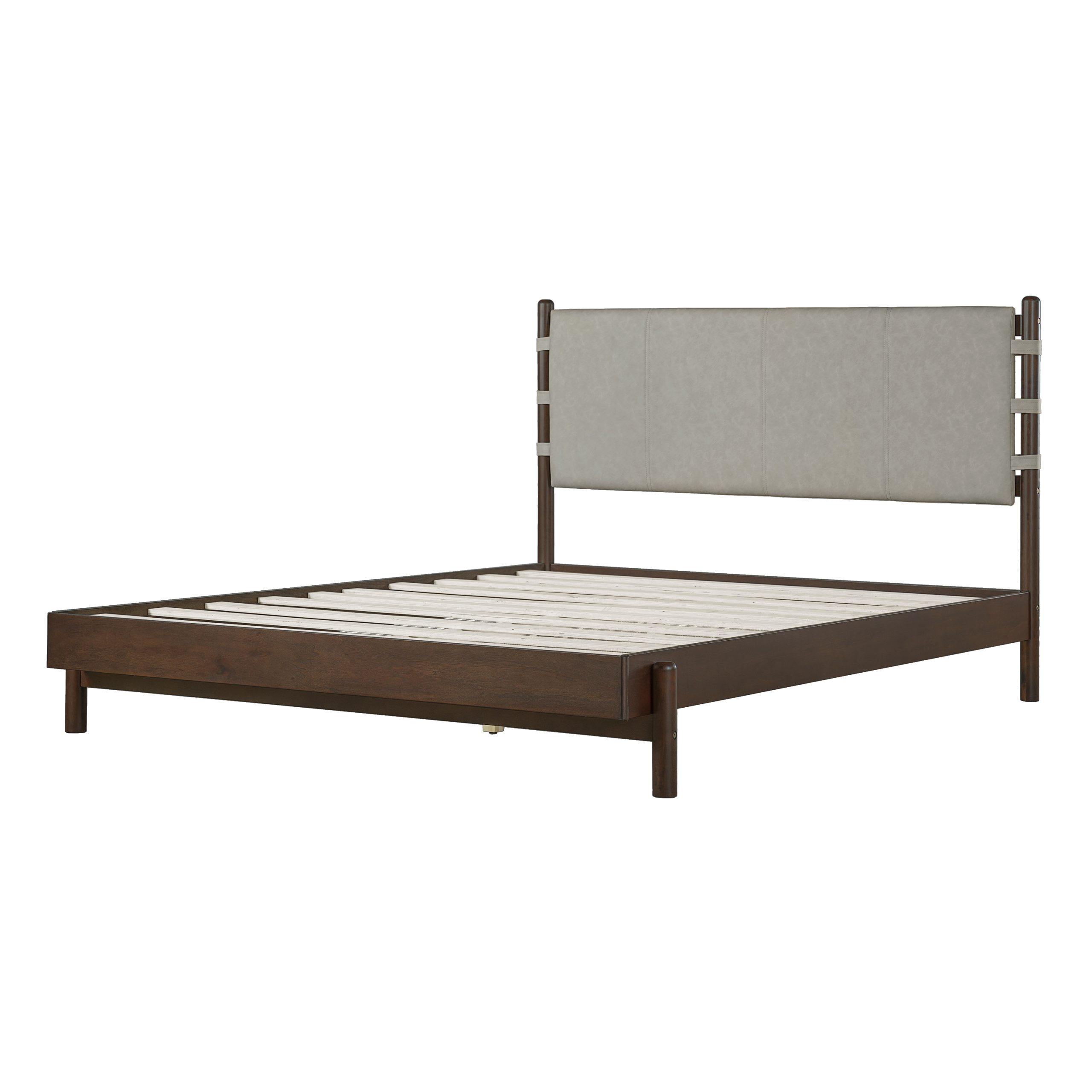 Premium Rubber Wood Platform Bed Frame, Queen Bed Frame with Headboard Included, Mid Century Modern Bed With Walnut+Light Grey Color - Image 5