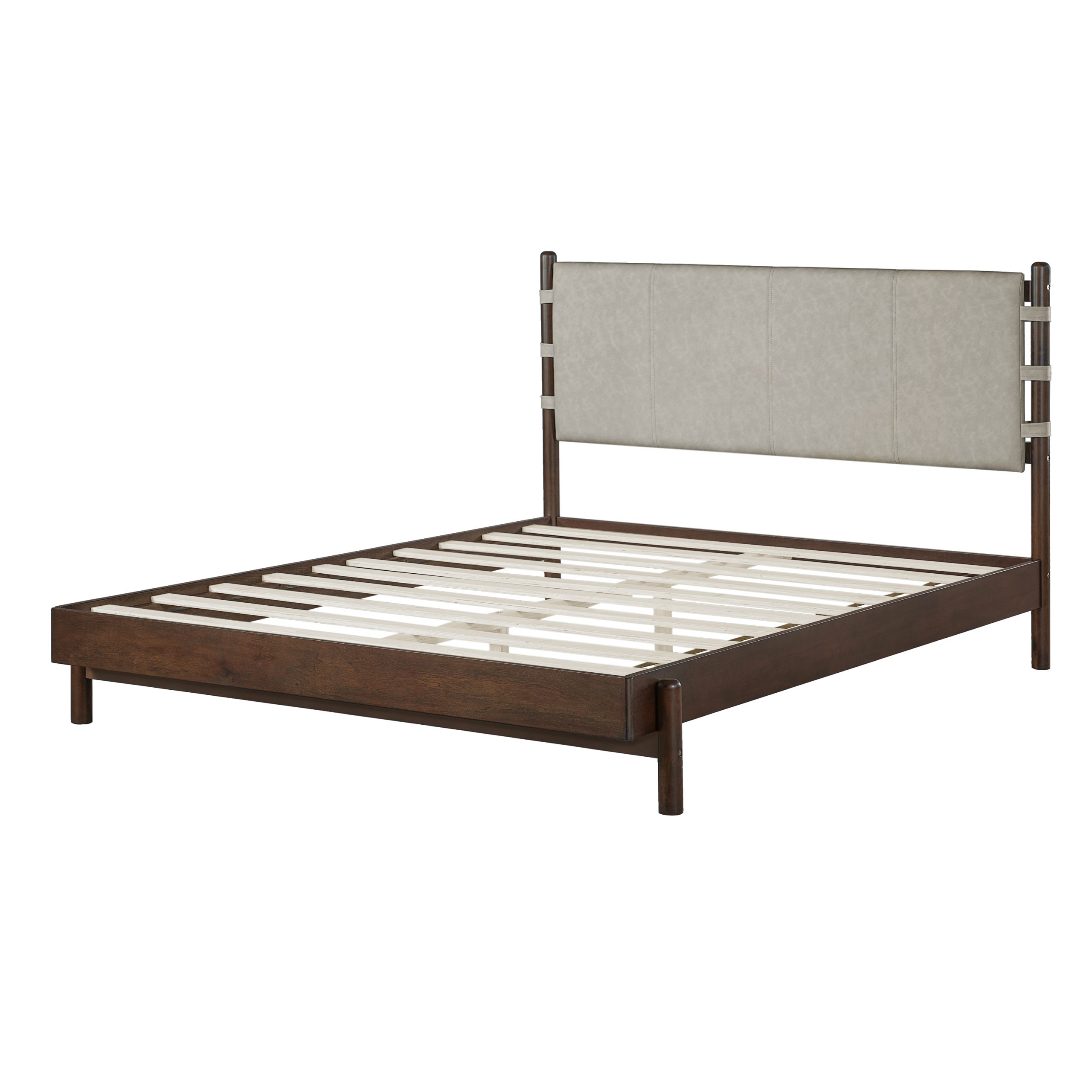 Premium Rubber Wood Platform Bed Frame, Queen Bed Frame with Headboard Included, Mid Century Modern Bed With Walnut+Light Grey Color - Image 6