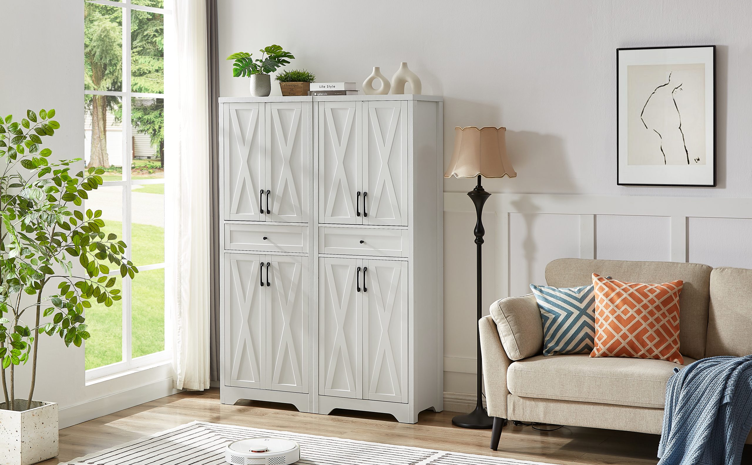 68"high living room sideboard, multi-functional combination TV cabinet sideboard, large capacity storage cabinet, can be used in living room, bedroom,office area, white, 23.7''L x 15.0''W x 68''H. - Image 6