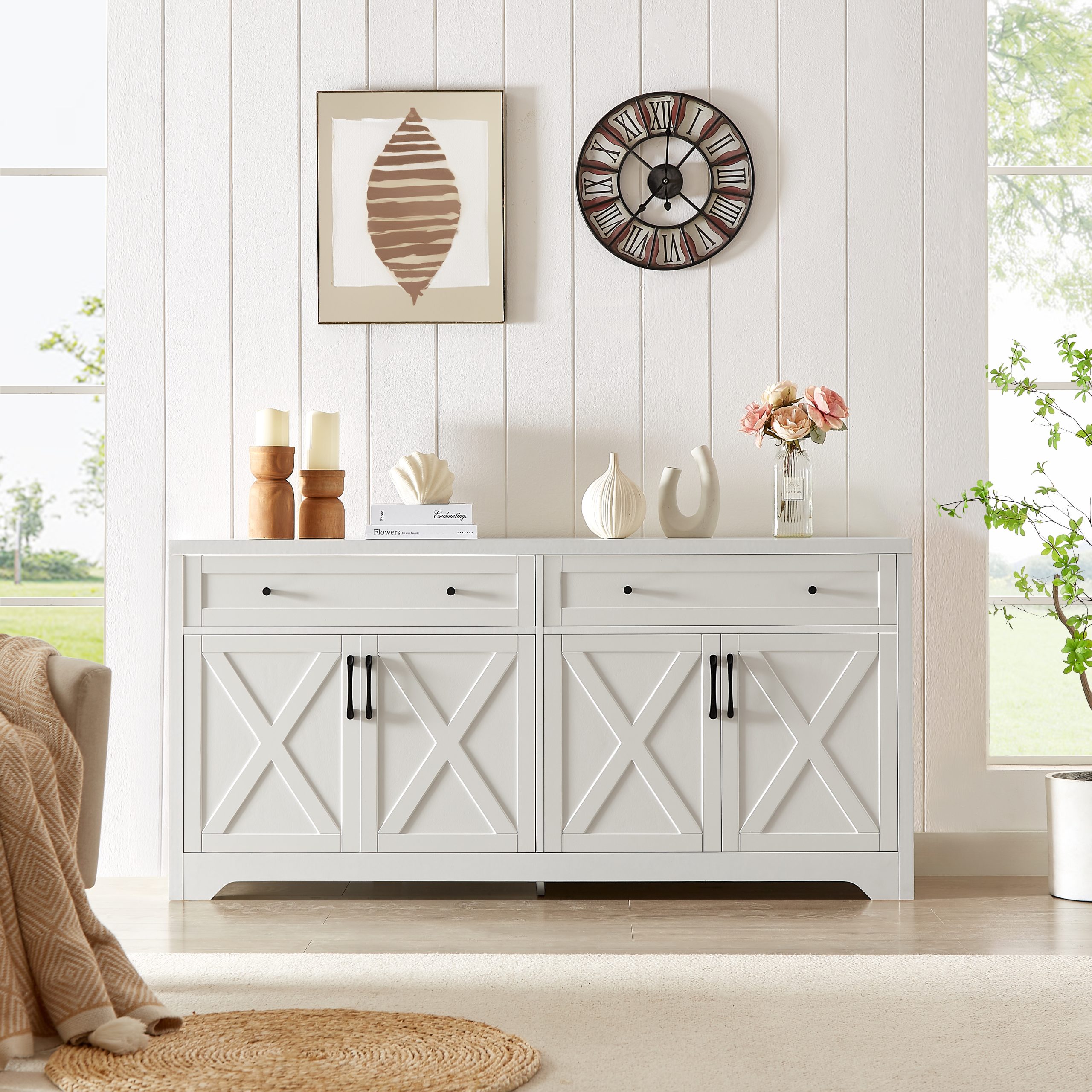 61 inch TV cabinet for living room, multifunctional combination TV cabinet, large capacity storage cabinet, can be used in living room, bedroom, office area, white, 61.3''L x 15''W x 29.8''H. - Image 2