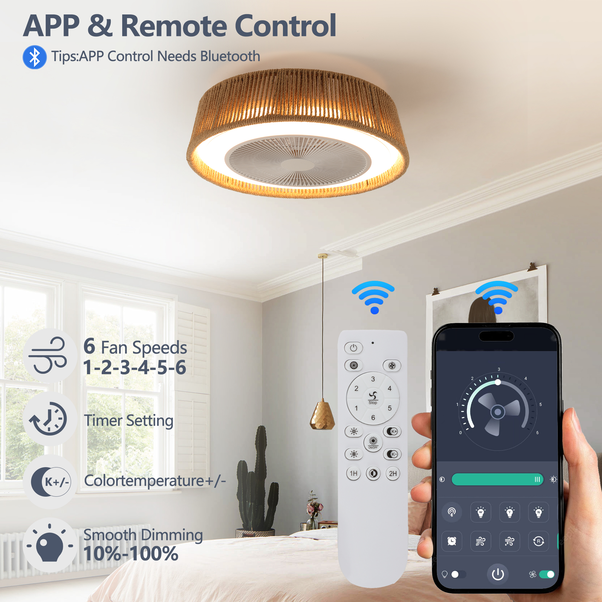 (Same as W1340137055/L10003) 21" Bohemian Braided Ceiling Fan Light, Silent Remote Control with Timing Function, Adjustable Color Temperature, Suitable for Bedroom and Living Room - Image 4