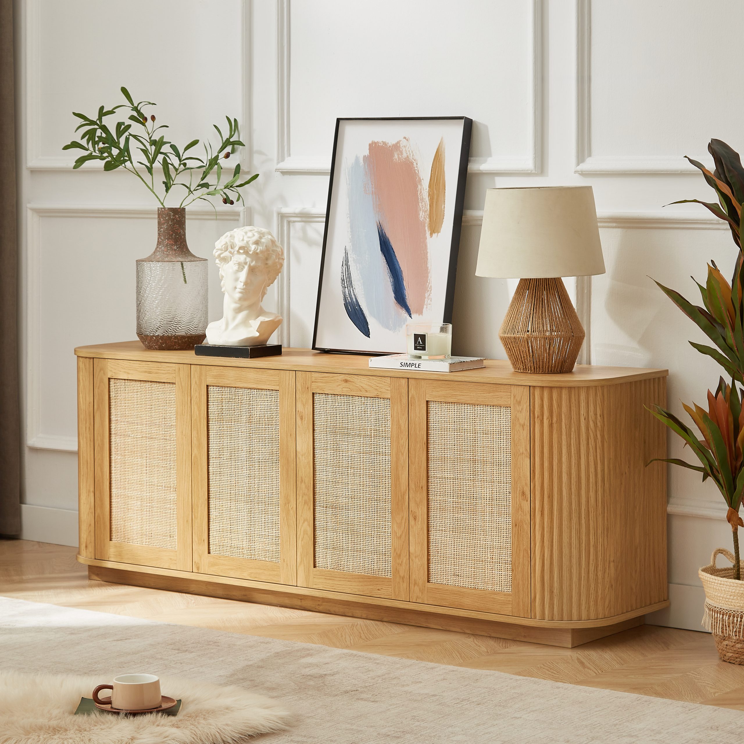 64-inch wave shaped TV stand, rounded corner sideboard, storage cabinet, buffet, wood vertical striped cabinet with rattan doors for kitchen/bedroom/entryway. Natural, 64''W x 15''D x 24''H - Image 2
