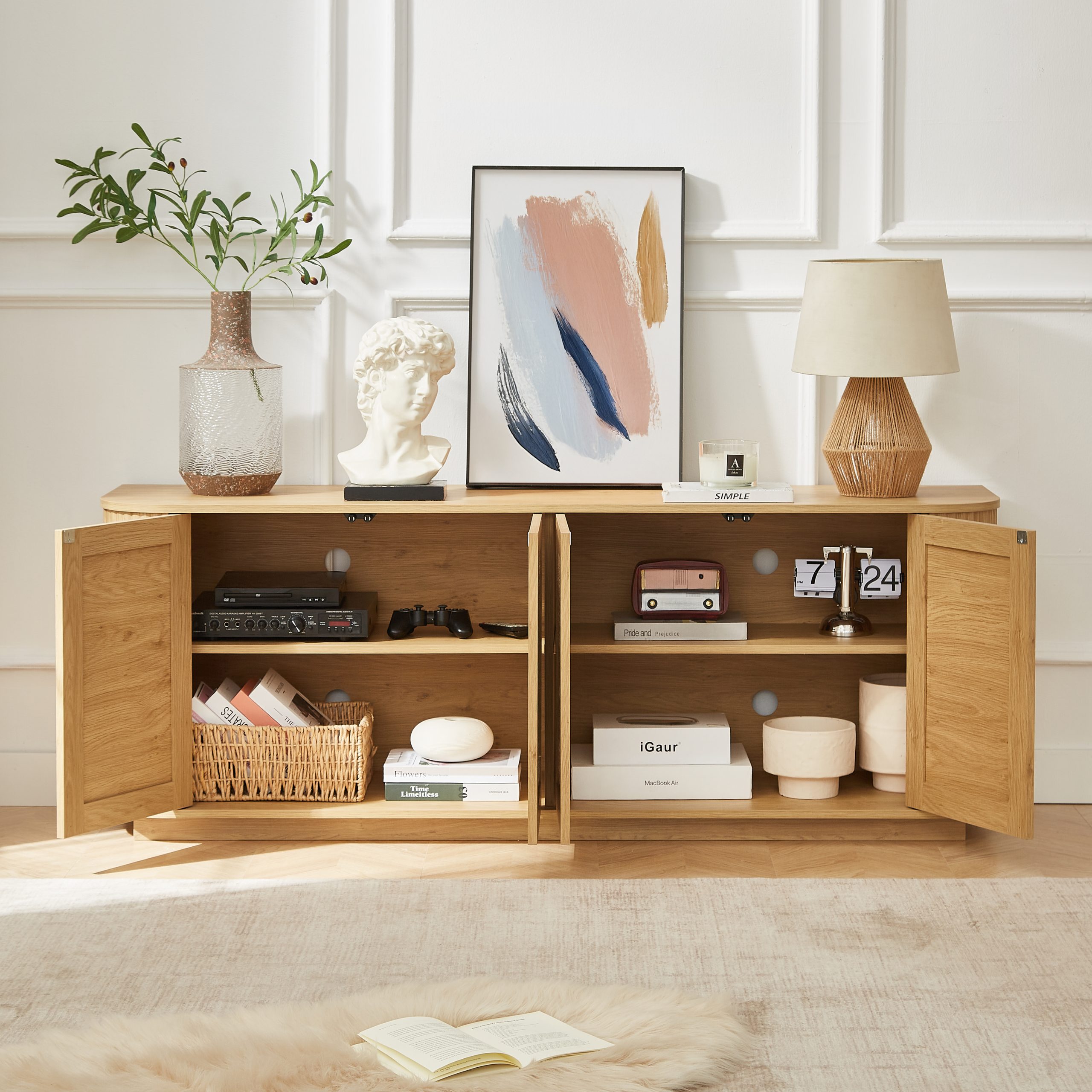 64-inch wave shaped TV stand, rounded corner sideboard, storage cabinet, buffet, wood vertical striped cabinet with rattan doors for kitchen/bedroom/entryway. Natural, 64''W x 15''D x 24''H - Image 3