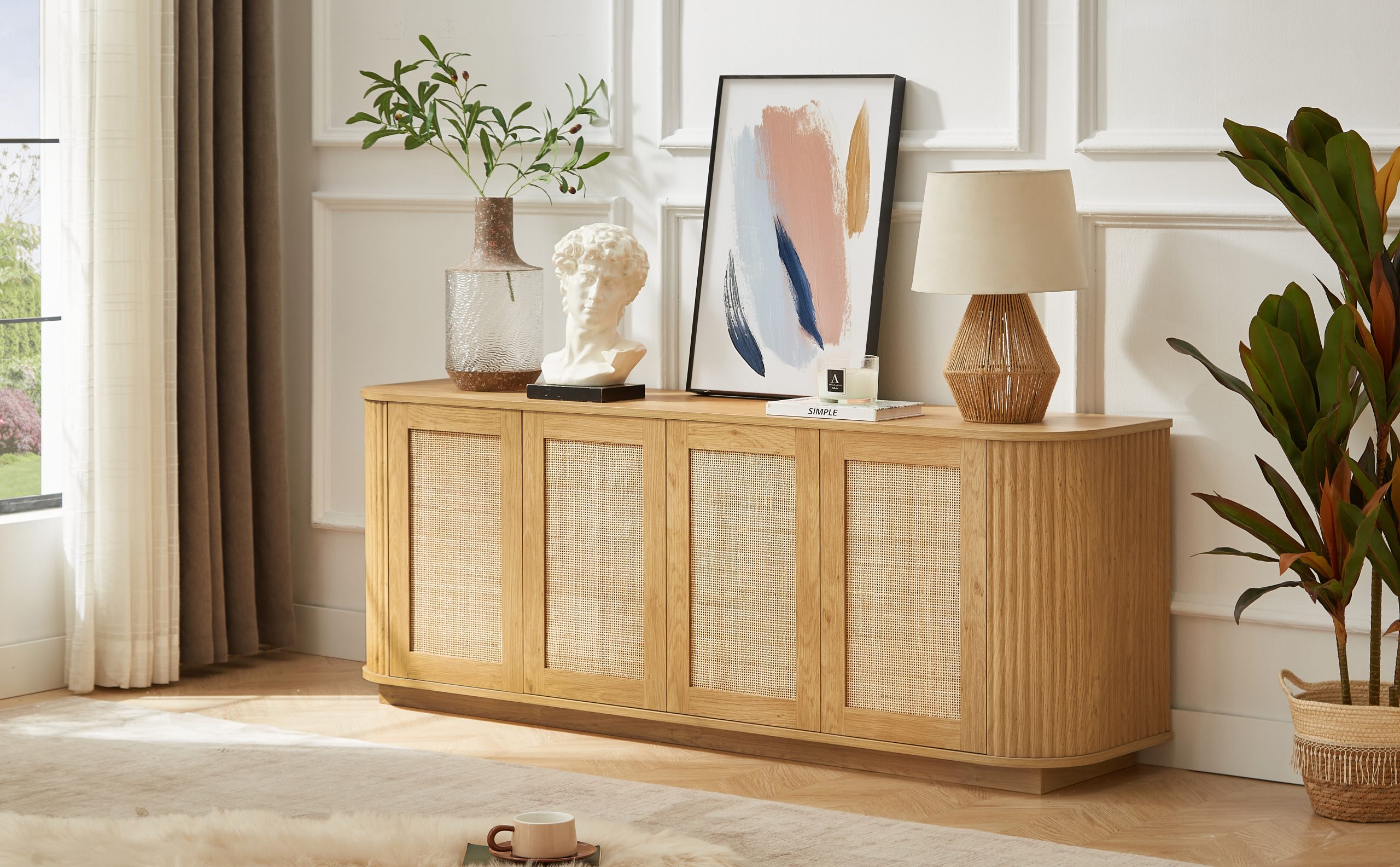 64-inch wave shaped TV stand, rounded corner sideboard, storage cabinet, buffet, wood vertical striped cabinet with rattan doors for kitchen/bedroom/entryway. Natural, 64''W x 15''D x 24''H - Image 4