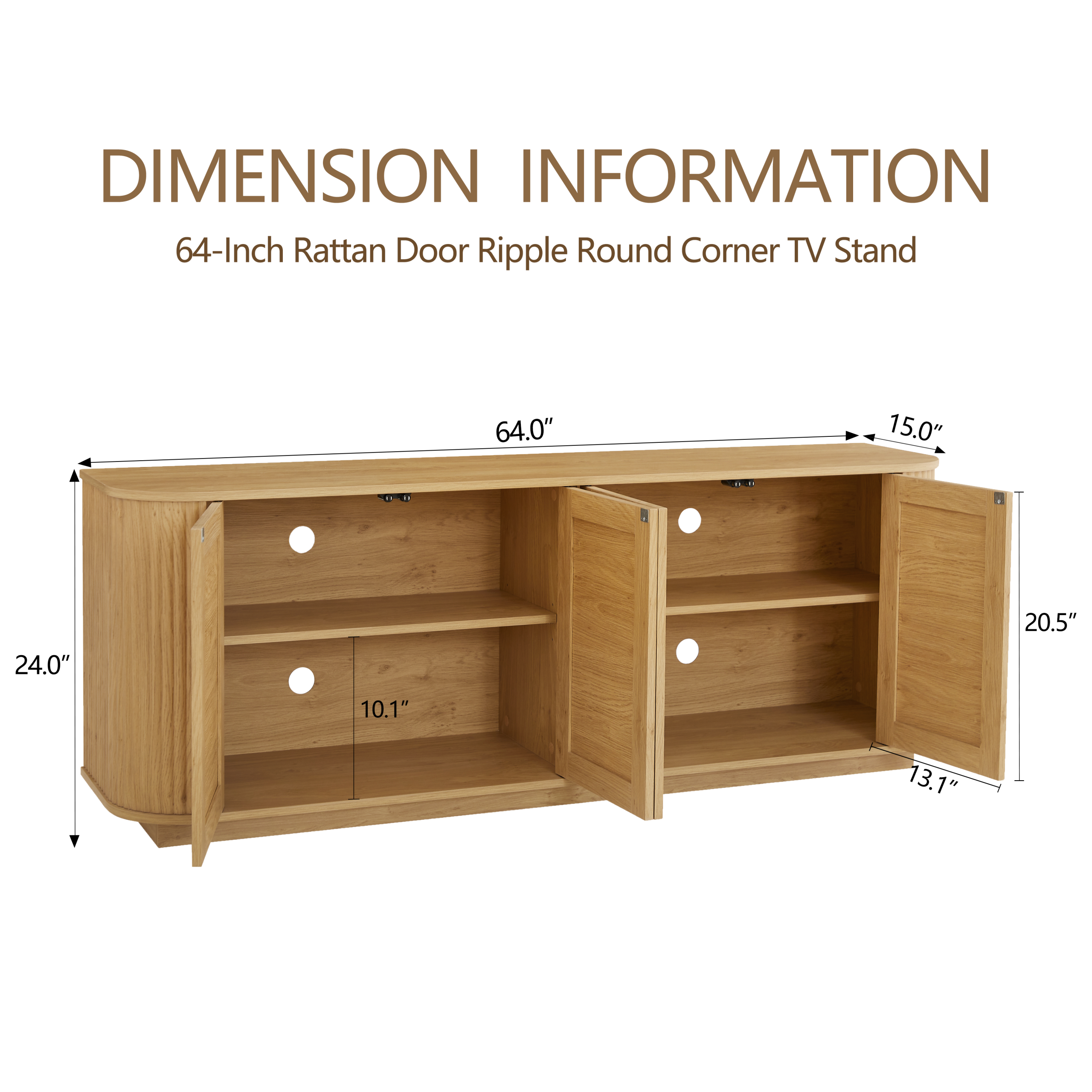 64-inch wave shaped TV stand, rounded corner sideboard, storage cabinet, buffet, wood vertical striped cabinet with rattan doors for kitchen/bedroom/entryway. Natural, 64''W x 15''D x 24''H - Image 5