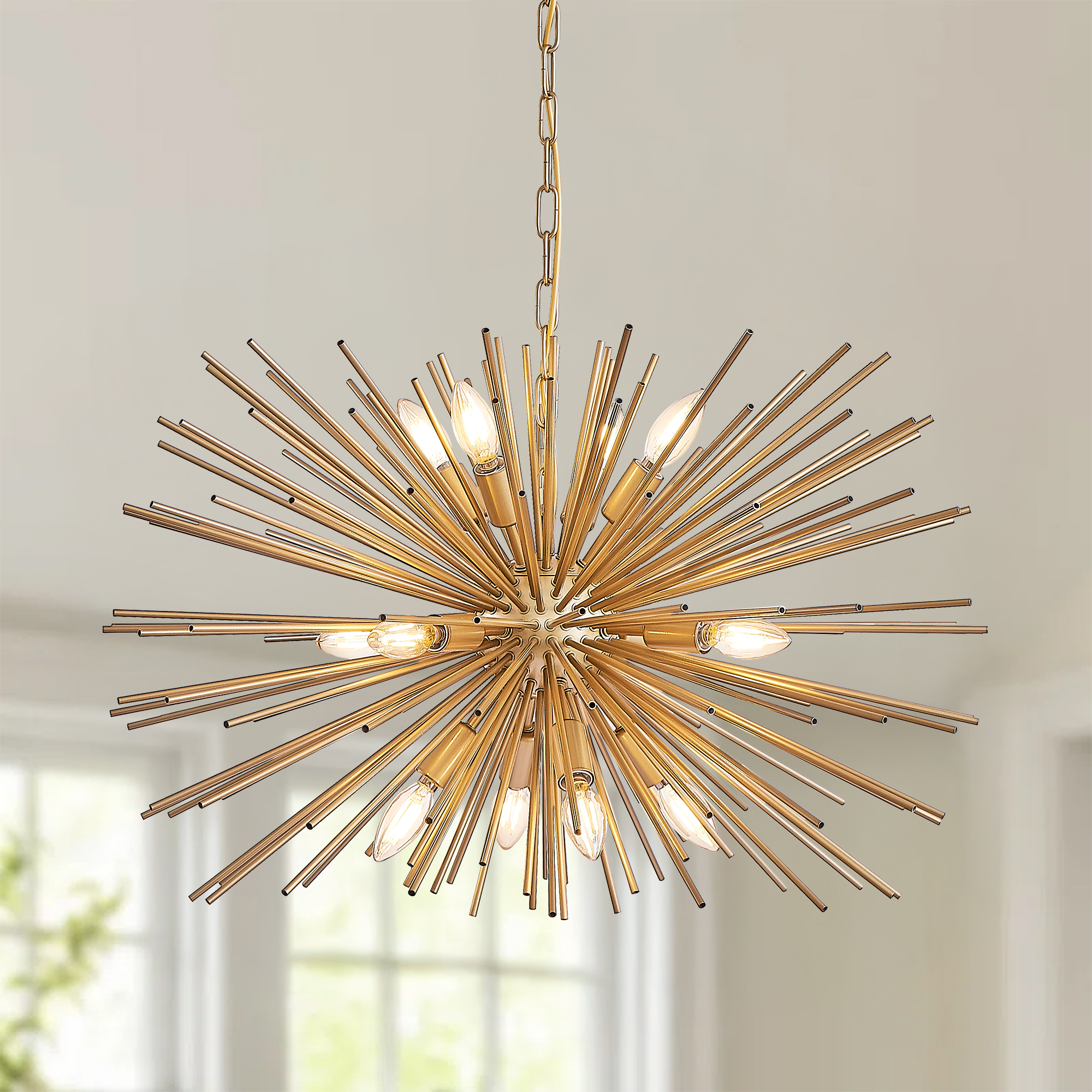 29" Mid-Century Modern 12-Light Starburst Chandelier – Gold Sputnik Pendant Light Fixture for Living Room, Dining Room, or Foyer (Bulb Not Included) - Image 2