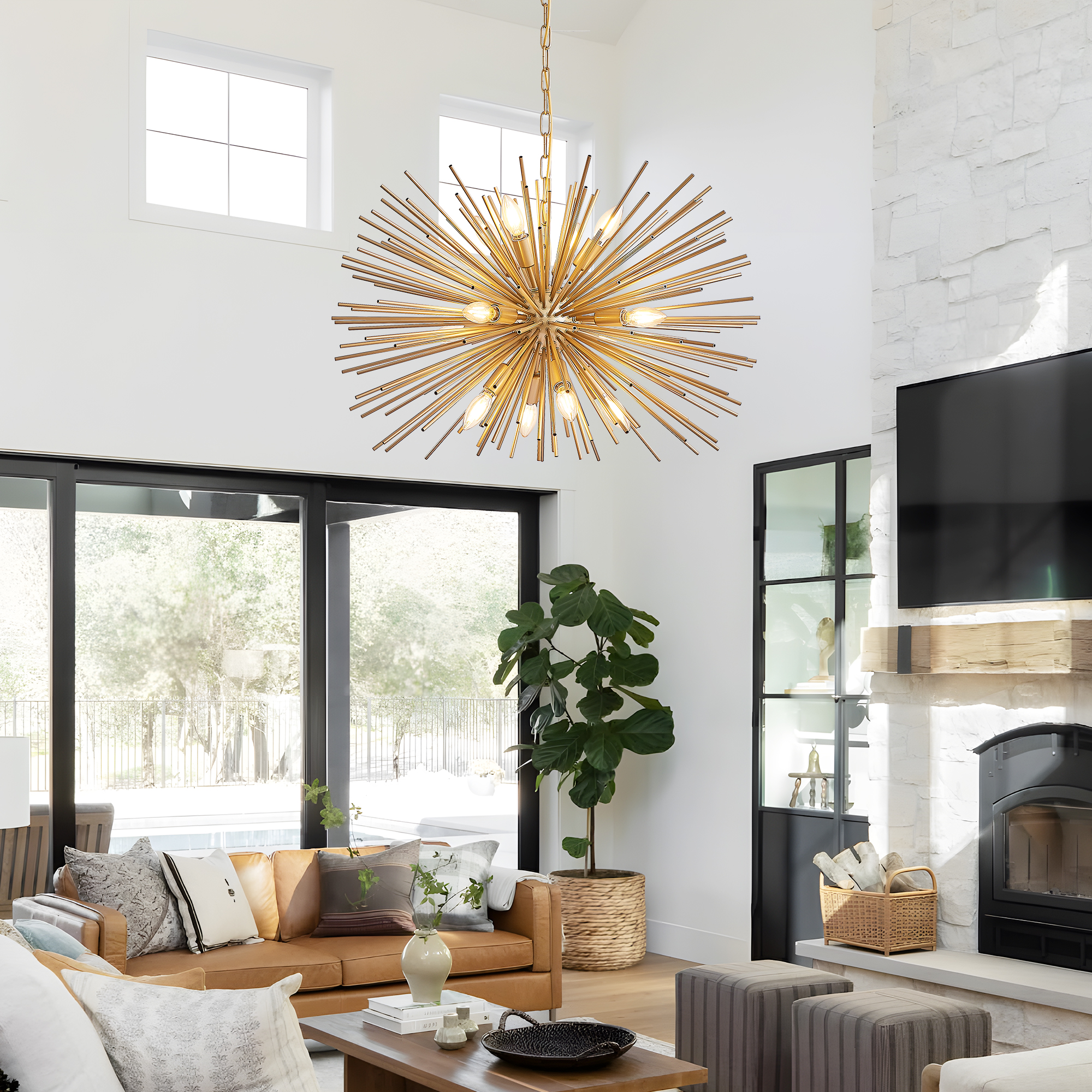 29" Mid-Century Modern 12-Light Starburst Chandelier – Gold Sputnik Pendant Light Fixture for Living Room, Dining Room, or Foyer (Bulb Not Included) - Image 4