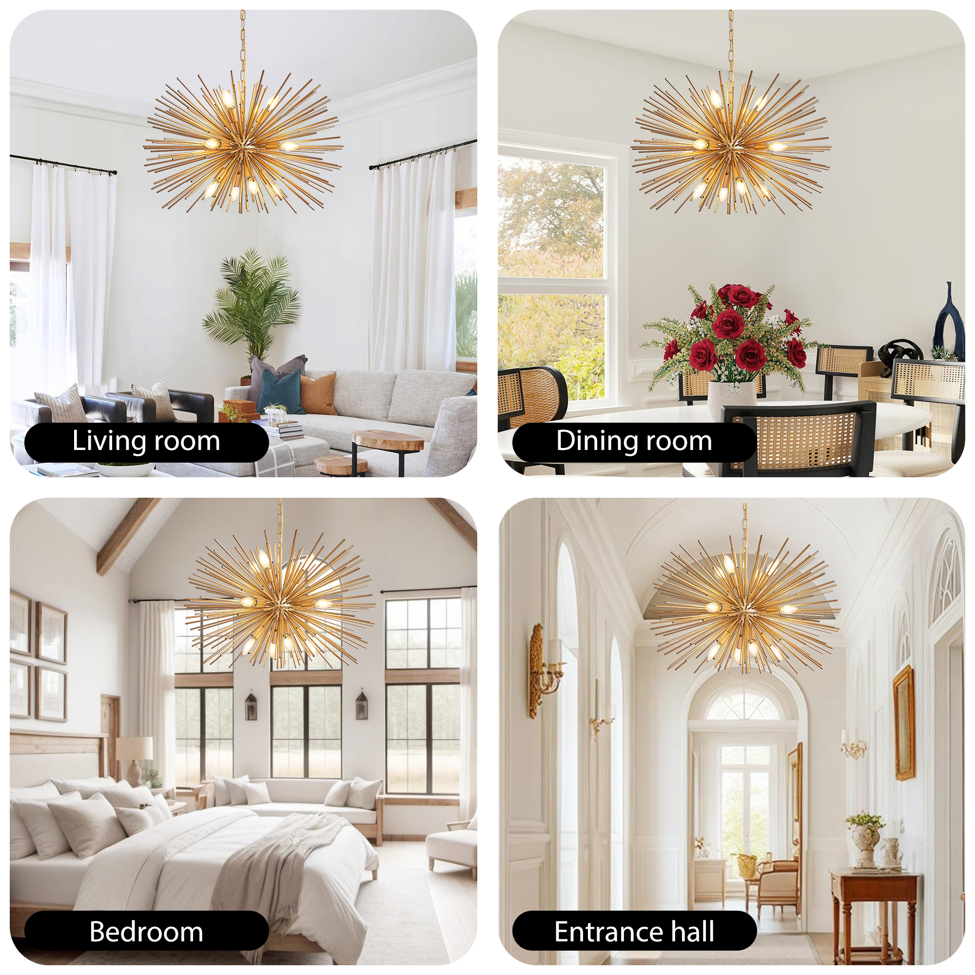 29" Mid-Century Modern 12-Light Starburst Chandelier – Gold Sputnik Pendant Light Fixture for Living Room, Dining Room, or Foyer (Bulb Not Included) - Image 6