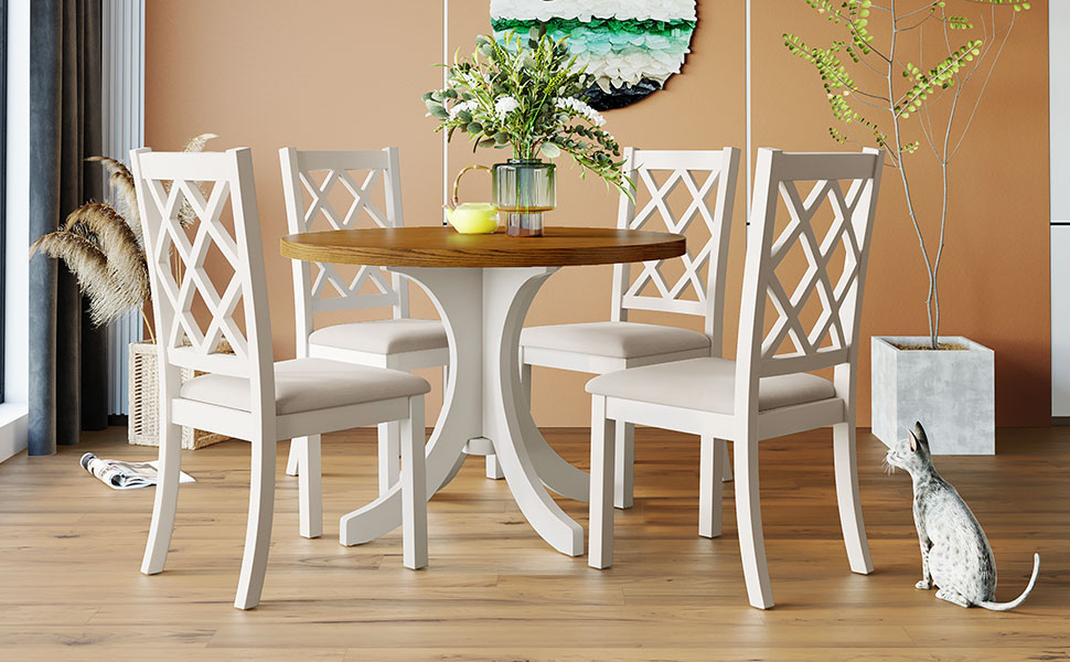 TOPMAX Mid-Century Solid Wood 5-Piece Round Dining Table Set, Kitchen Table Set with Upholstered Chairs for Small Places, Walnut Table+Beige Chair (old sku:SH000226AAD) - Image 5