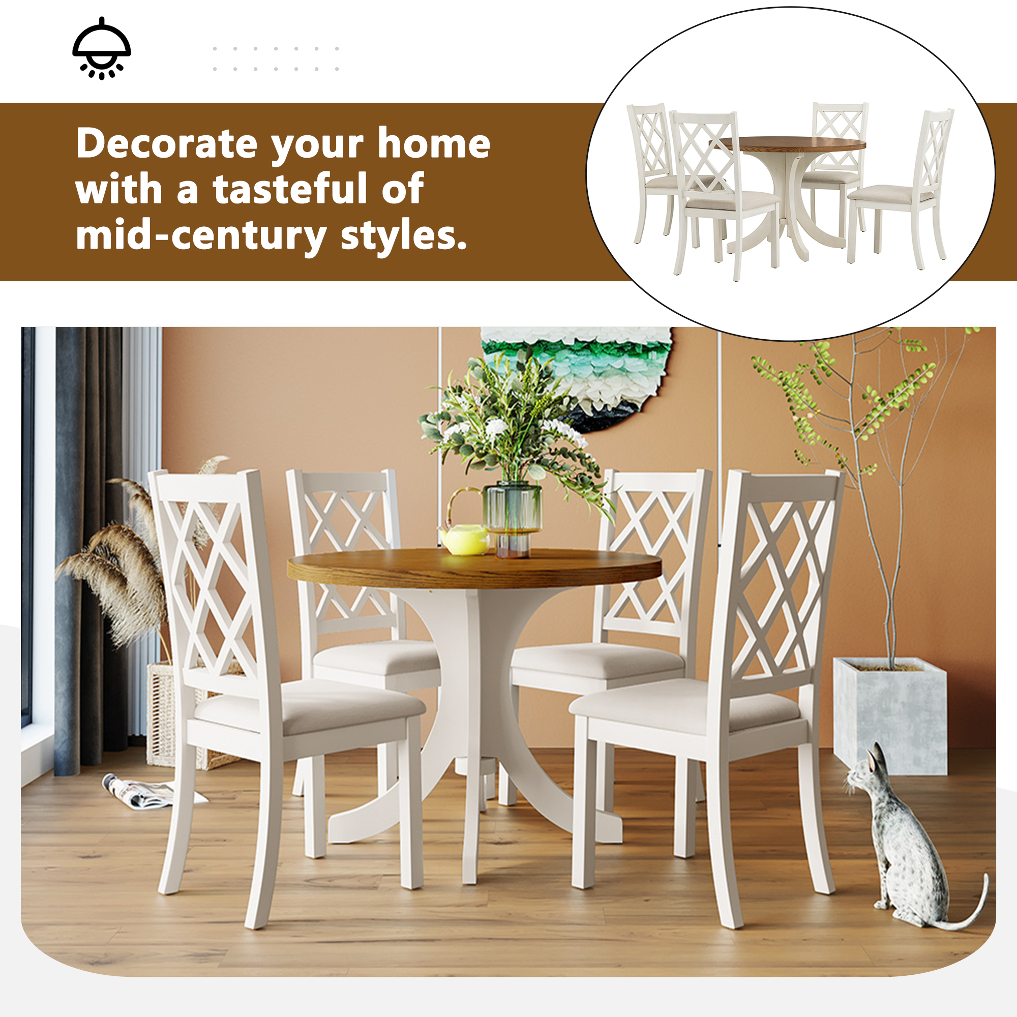 TOPMAX Mid-Century Solid Wood 5-Piece Round Dining Table Set, Kitchen Table Set with Upholstered Chairs for Small Places, Walnut Table+Beige Chair (old sku:SH000226AAD) - Image 6