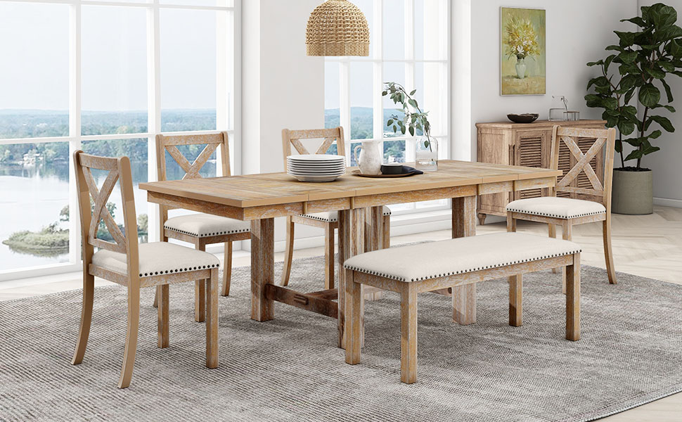 TOPMAX Farmhouse 82inch 6-Piece Extendable Dining Table with Footrest, 4 Upholstered Dining Chairs and Dining Bench, Two 11"Removable Leaf, Natural+Beige Cushion (old sku: SP000023AAN) - Image 2