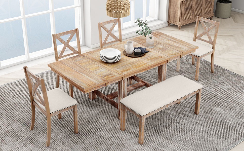 TOPMAX Farmhouse 82inch 6-Piece Extendable Dining Table with Footrest, 4 Upholstered Dining Chairs and Dining Bench, Two 11"Removable Leaf, Natural+Beige Cushion (old sku: SP000023AAN) - Image 3