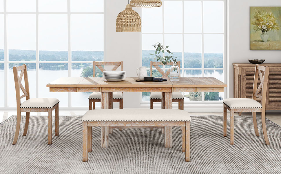 TOPMAX Farmhouse 82inch 6-Piece Extendable Dining Table with Footrest, 4 Upholstered Dining Chairs and Dining Bench, Two 11"Removable Leaf, Natural+Beige Cushion (old sku: SP000023AAN) - Image 4