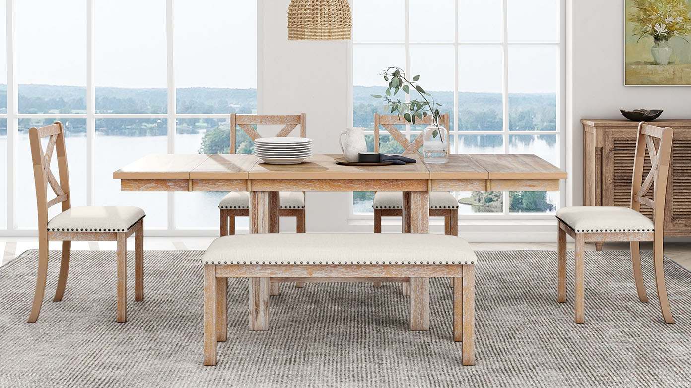 TOPMAX Farmhouse 82inch 6-Piece Extendable Dining Table with Footrest, 4 Upholstered Dining Chairs and Dining Bench, Two 11"Removable Leaf, Natural+Beige Cushion (old sku: SP000023AAN) - Image 5