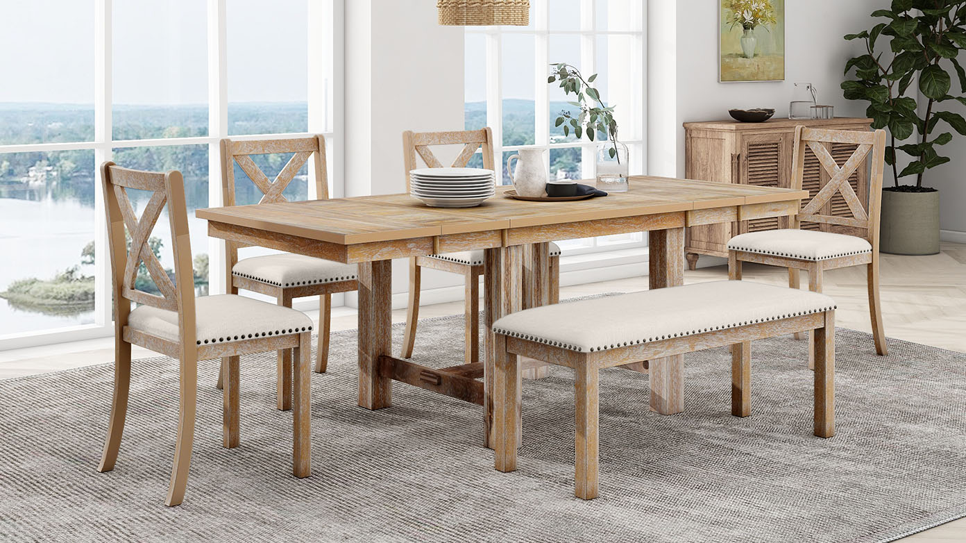 TOPMAX Farmhouse 82inch 6-Piece Extendable Dining Table with Footrest, 4 Upholstered Dining Chairs and Dining Bench, Two 11"Removable Leaf, Natural+Beige Cushion (old sku: SP000023AAN) - Image 6