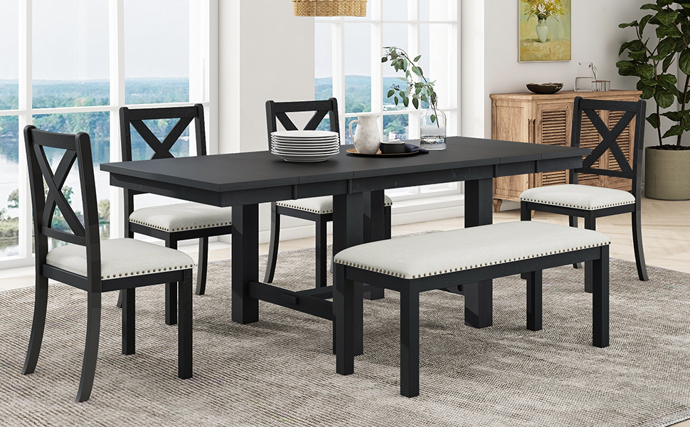 TOPMAX Farmhouse 82inch 6-Piece Extendable Dining Table with Footrest, 4 Upholstered Dining Chairs and Dining Bench, Two 11"Removable Leaf, Black+Beige Cushion (old sku: SP000023AAB) - Image 2