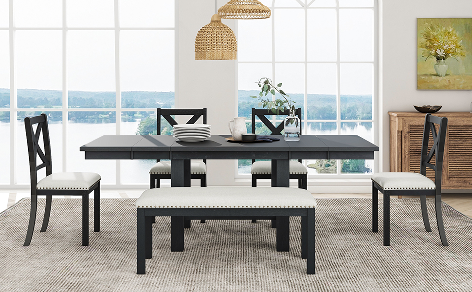 TOPMAX Farmhouse 82inch 6-Piece Extendable Dining Table with Footrest, 4 Upholstered Dining Chairs and Dining Bench, Two 11"Removable Leaf, Black+Beige Cushion (old sku: SP000023AAB) - Image 3