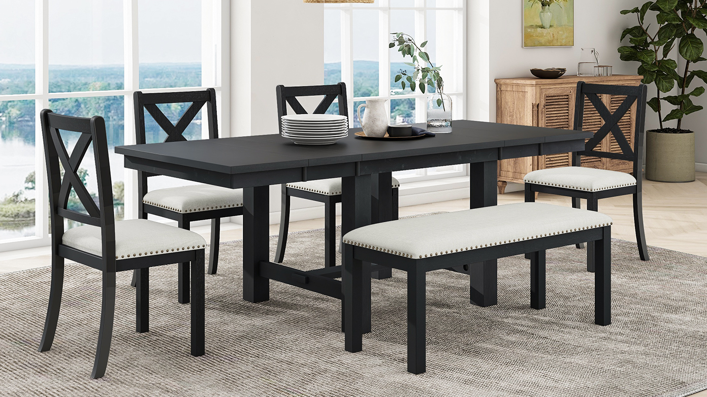 TOPMAX Farmhouse 82inch 6-Piece Extendable Dining Table with Footrest, 4 Upholstered Dining Chairs and Dining Bench, Two 11"Removable Leaf, Black+Beige Cushion (old sku: SP000023AAB) - Image 4