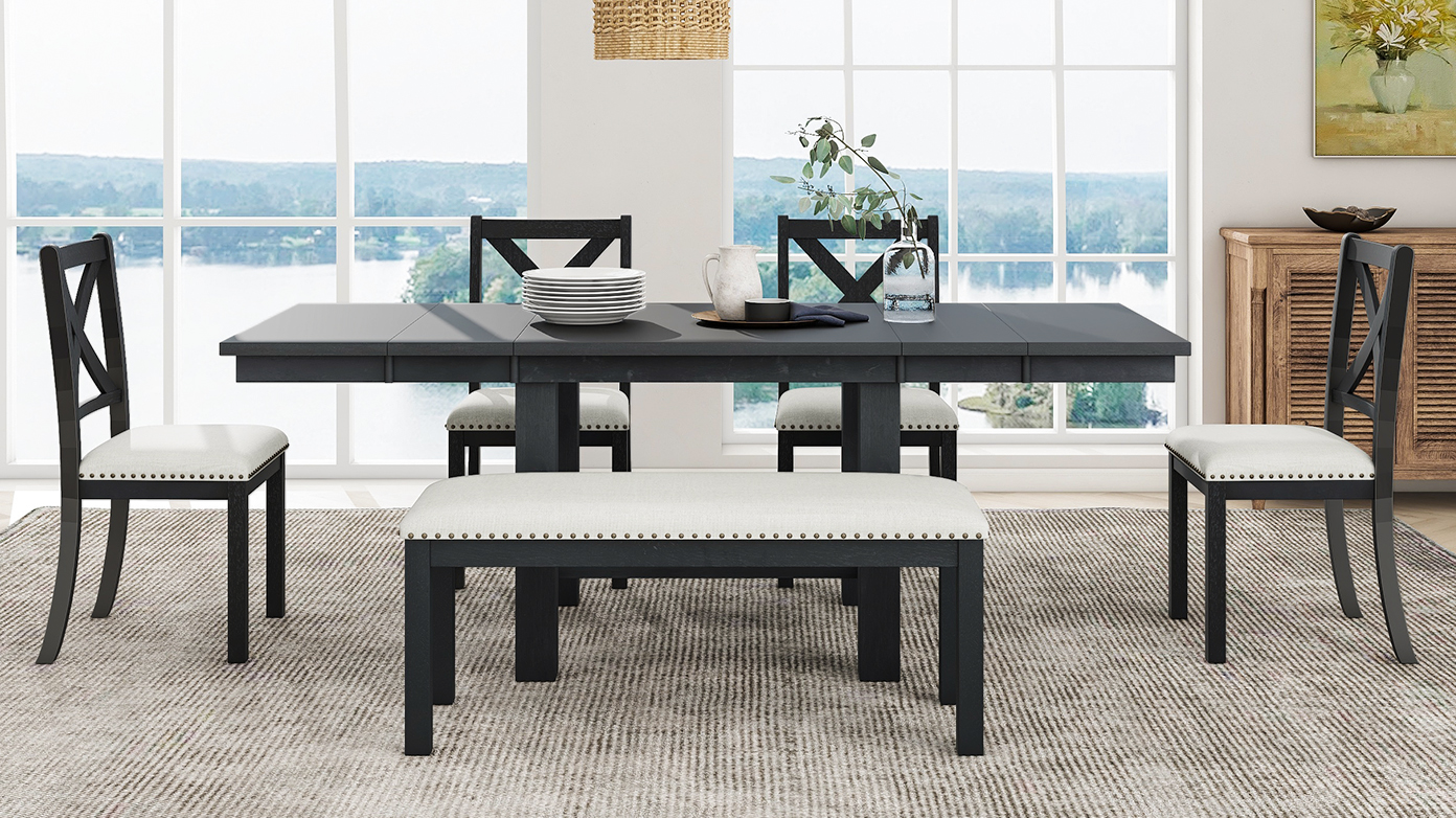 TOPMAX Farmhouse 82inch 6-Piece Extendable Dining Table with Footrest, 4 Upholstered Dining Chairs and Dining Bench, Two 11"Removable Leaf, Black+Beige Cushion (old sku: SP000023AAB) - Image 5
