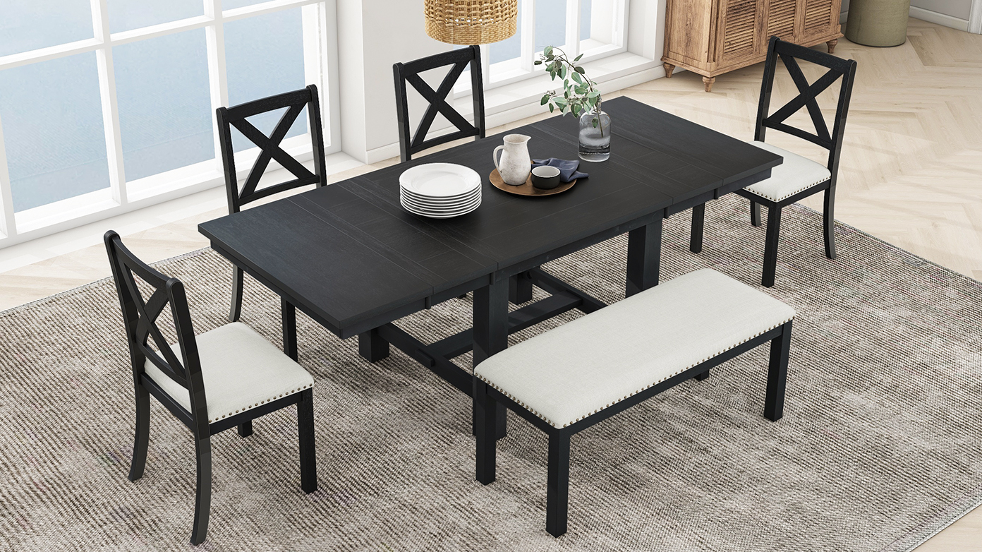 TOPMAX Farmhouse 82inch 6-Piece Extendable Dining Table with Footrest, 4 Upholstered Dining Chairs and Dining Bench, Two 11"Removable Leaf, Black+Beige Cushion (old sku: SP000023AAB) - Image 6