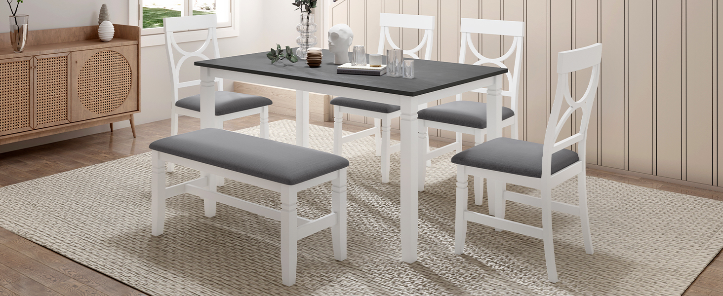 TOPMAX 6-Piece Wood Dining Table Set Kitchen Table Set with Upholstered Bench and 4 Dining Chairs, Farmhouse Style,Gray+White (old sku: SP000003AAK) - Image 3
