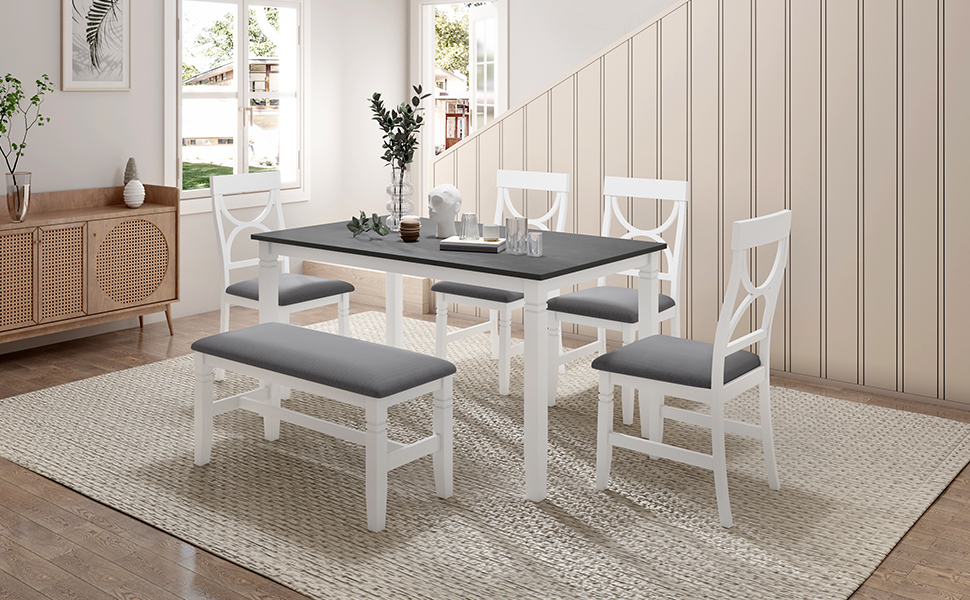 TOPMAX 6-Piece Wood Dining Table Set Kitchen Table Set with Upholstered Bench and 4 Dining Chairs, Farmhouse Style,Gray+White (old sku: SP000003AAK) - Image 4