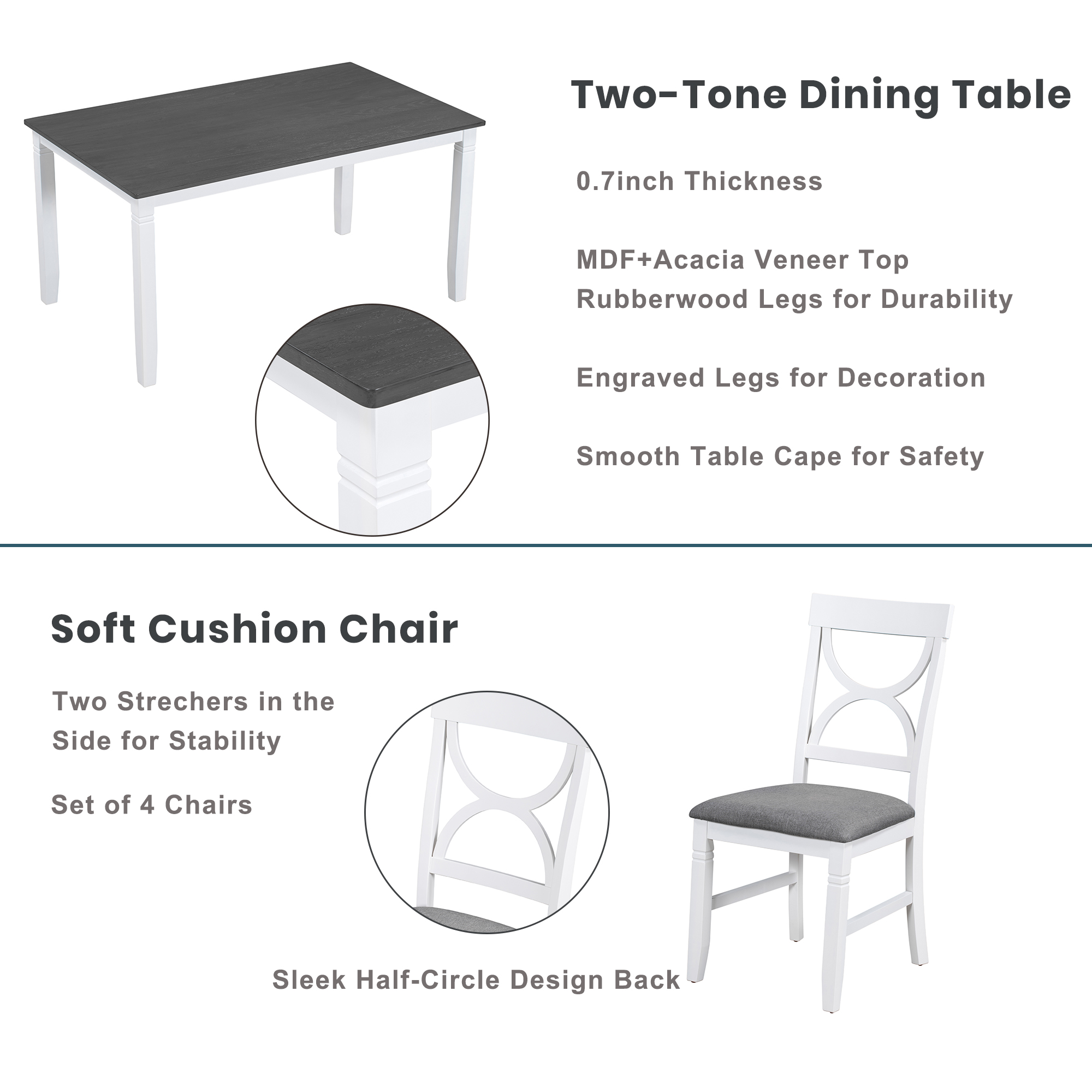 TOPMAX 6-Piece Wood Dining Table Set Kitchen Table Set with Upholstered Bench and 4 Dining Chairs, Farmhouse Style,Gray+White (old sku: SP000003AAK) - Image 5