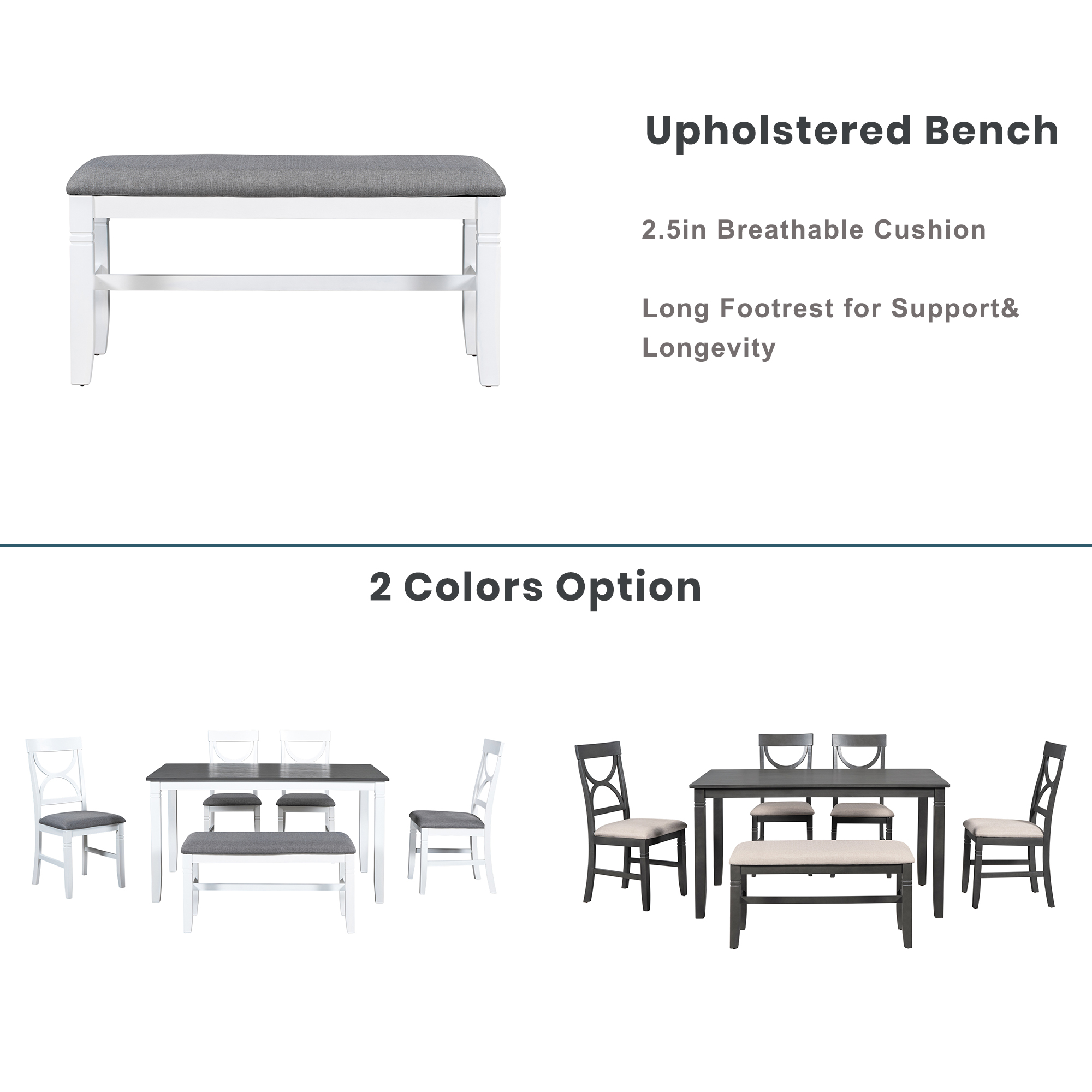 TOPMAX 6-Piece Wood Dining Table Set Kitchen Table Set with Upholstered Bench and 4 Dining Chairs, Farmhouse Style,Gray+White (old sku: SP000003AAK) - Image 6
