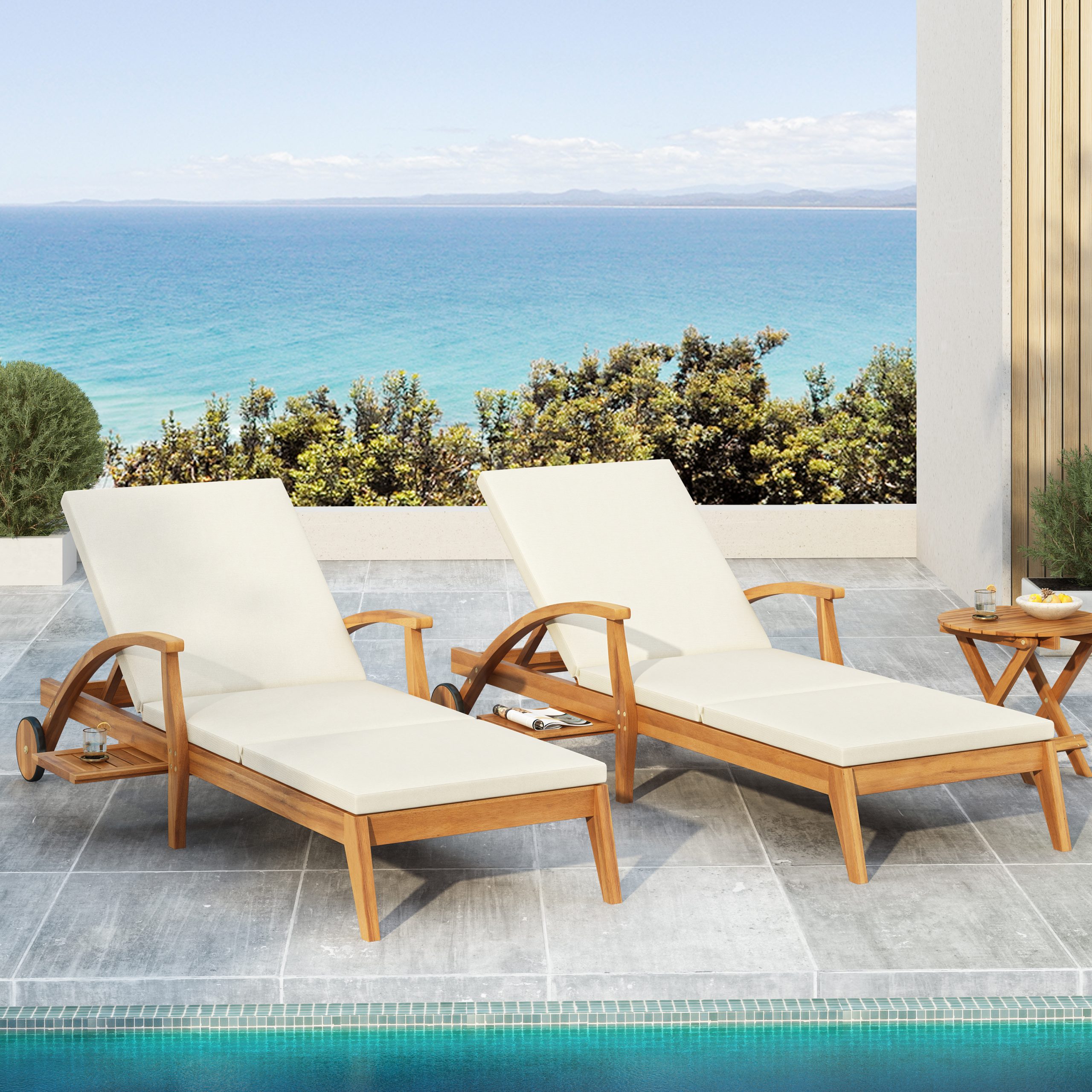 OUTDOOR RECLINER SIDE TABLE SET - COMES WITH 2 INCH CUSHION AND ADJUSTABLE BACKREST CHAISE LOUNGE WITH WHEEL & FOLDABLE AND ADJUSTABLE ACACIA WOOD SIDE TABLE FOR POOLSIDE PORCH - Image 6