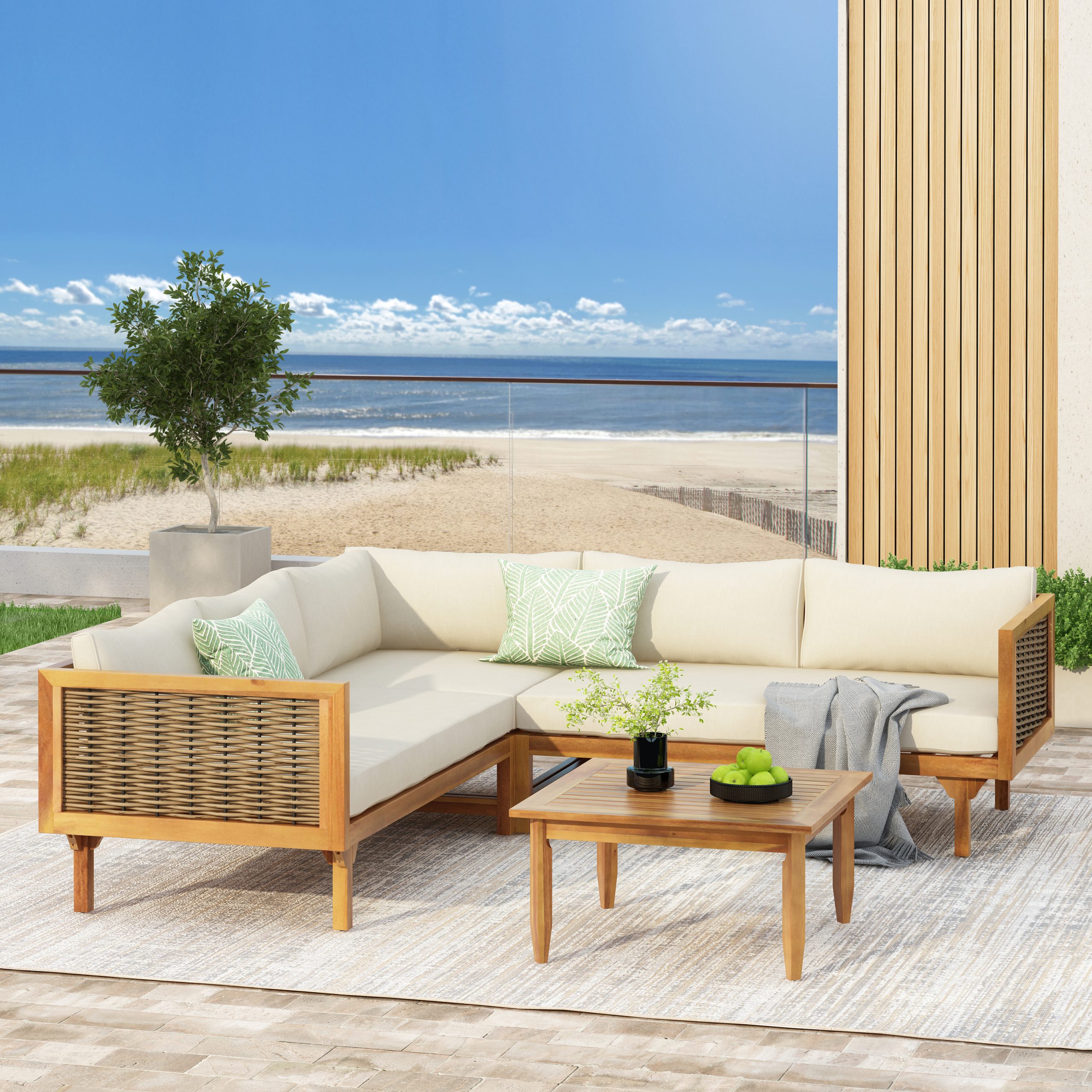 SECTIONAL SEATING GROUP WITH WATERPROOF CUSHIONS - PREMIUM OUTDOOR SOFA SET(BEIGE CUSHION) - Image 2