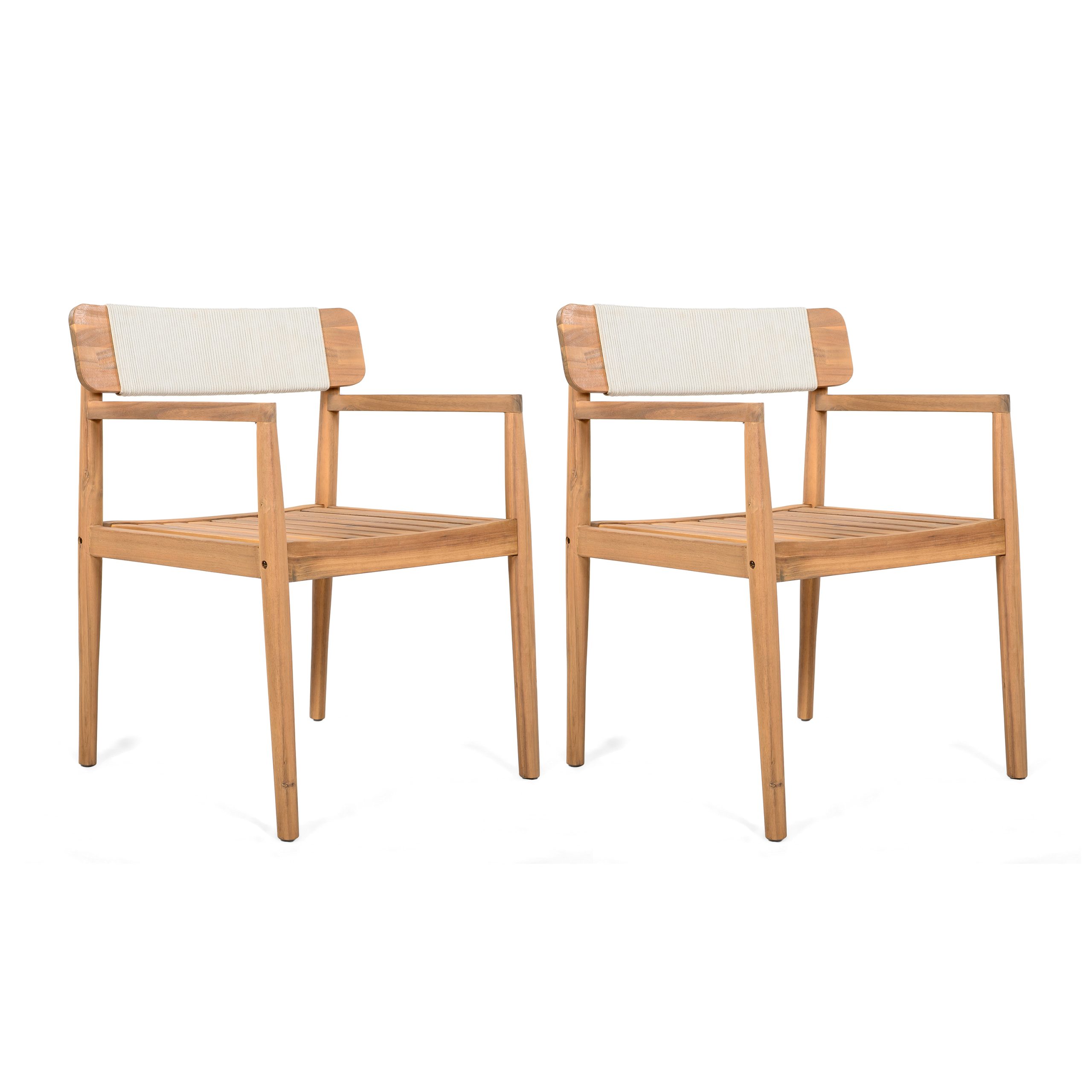 CREATIVE BRAIDED ACACIA WOOD OUTDOOR DINING TABLE AND CHAIRS WITH ARMRESTS, SUITABLE FOR OUTDOOR DINING AND LEISURE PLACES, TEAK LOOK & WHITE ROPE,SET OF 2 - Image 6