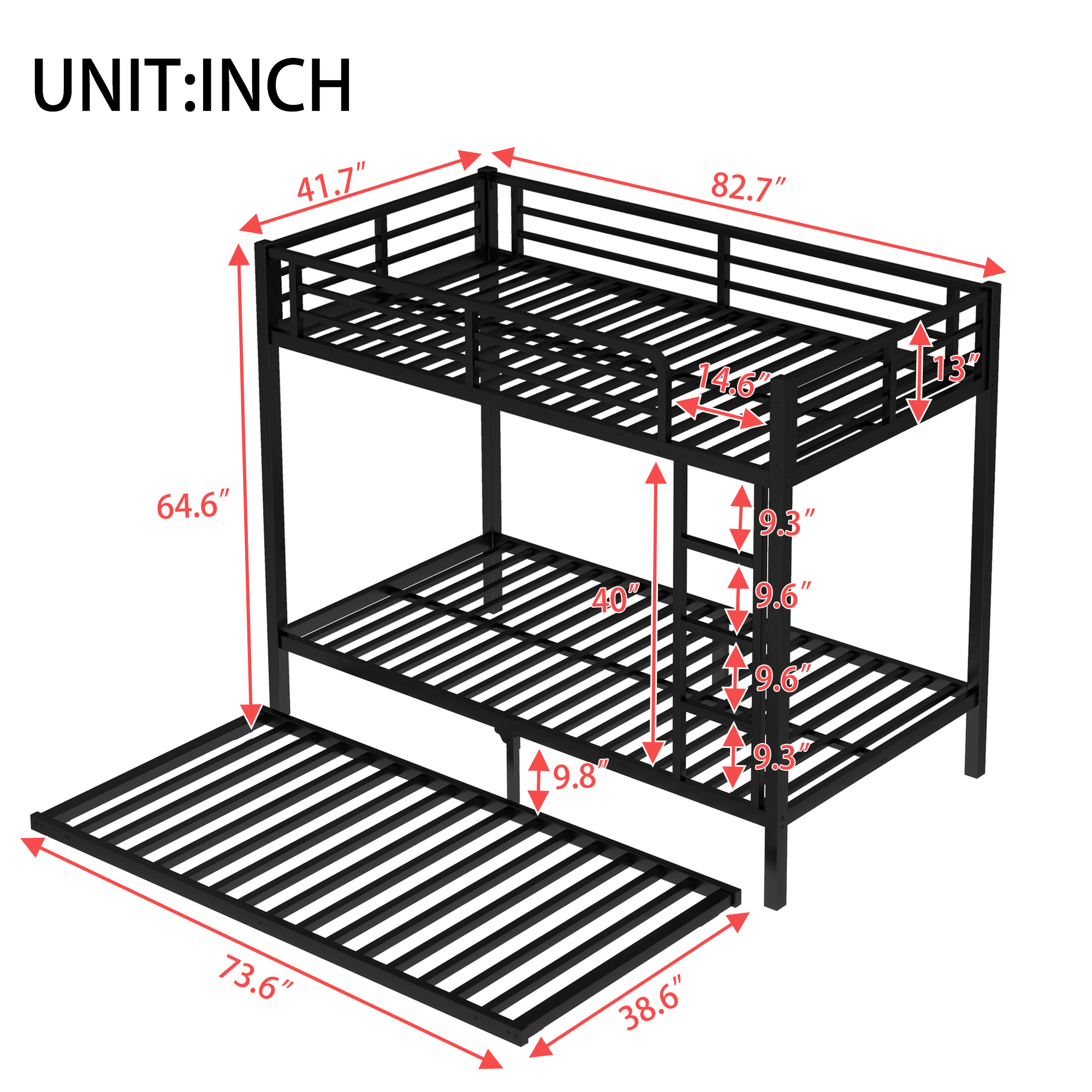 Twin XL over Twin XL Metal Bunk Bed with Twin Size Trundle, Black - Image 4