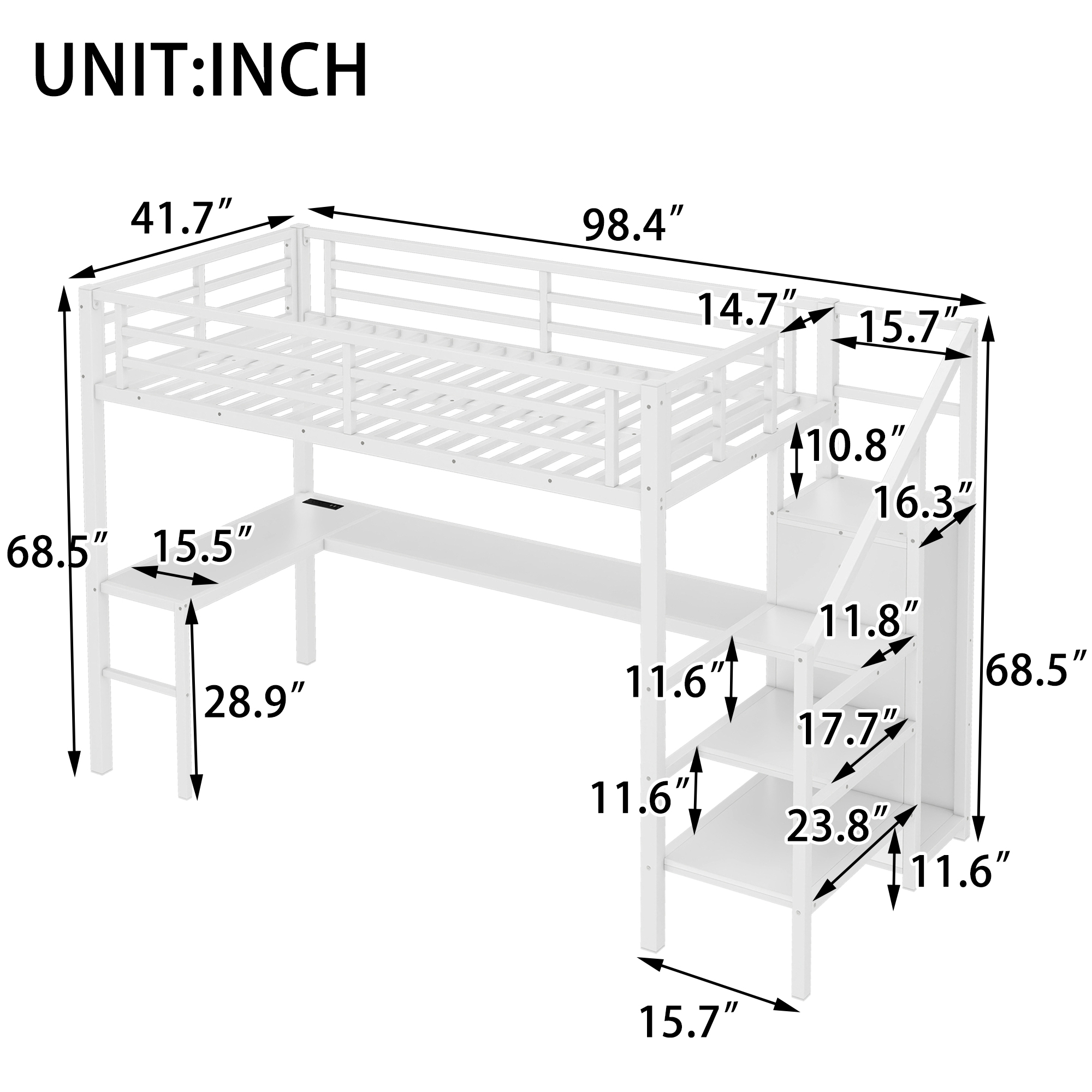 Twin XL Size Loft Bed with L-shaped Desk and USB, Metal Loft Bed with Wardrobe and Adjustable Shelf, High Loft Bed with LED for Kids Teens Adults, White - Image 3