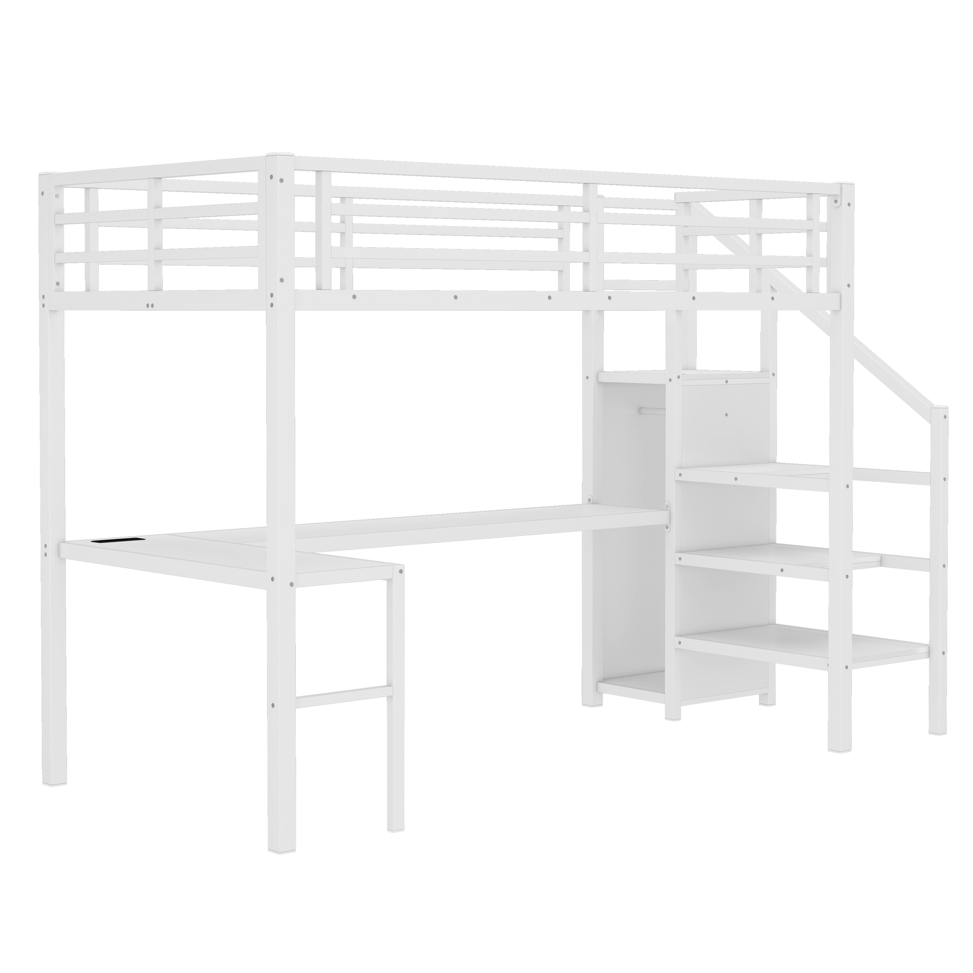 Twin XL Size Loft Bed with L-shaped Desk and USB, Metal Loft Bed with Wardrobe and Adjustable Shelf, High Loft Bed with LED for Kids Teens Adults, White - Image 4