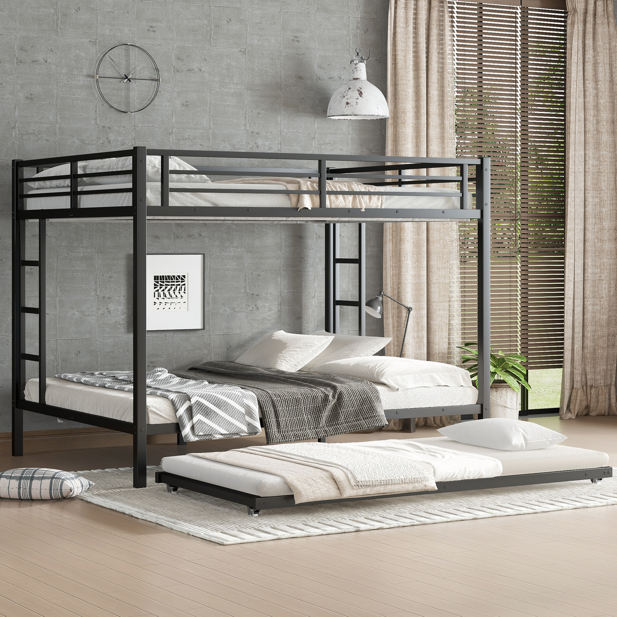 Queen over Queen Metal Bunk Bed with Twin Size Trundle, Black