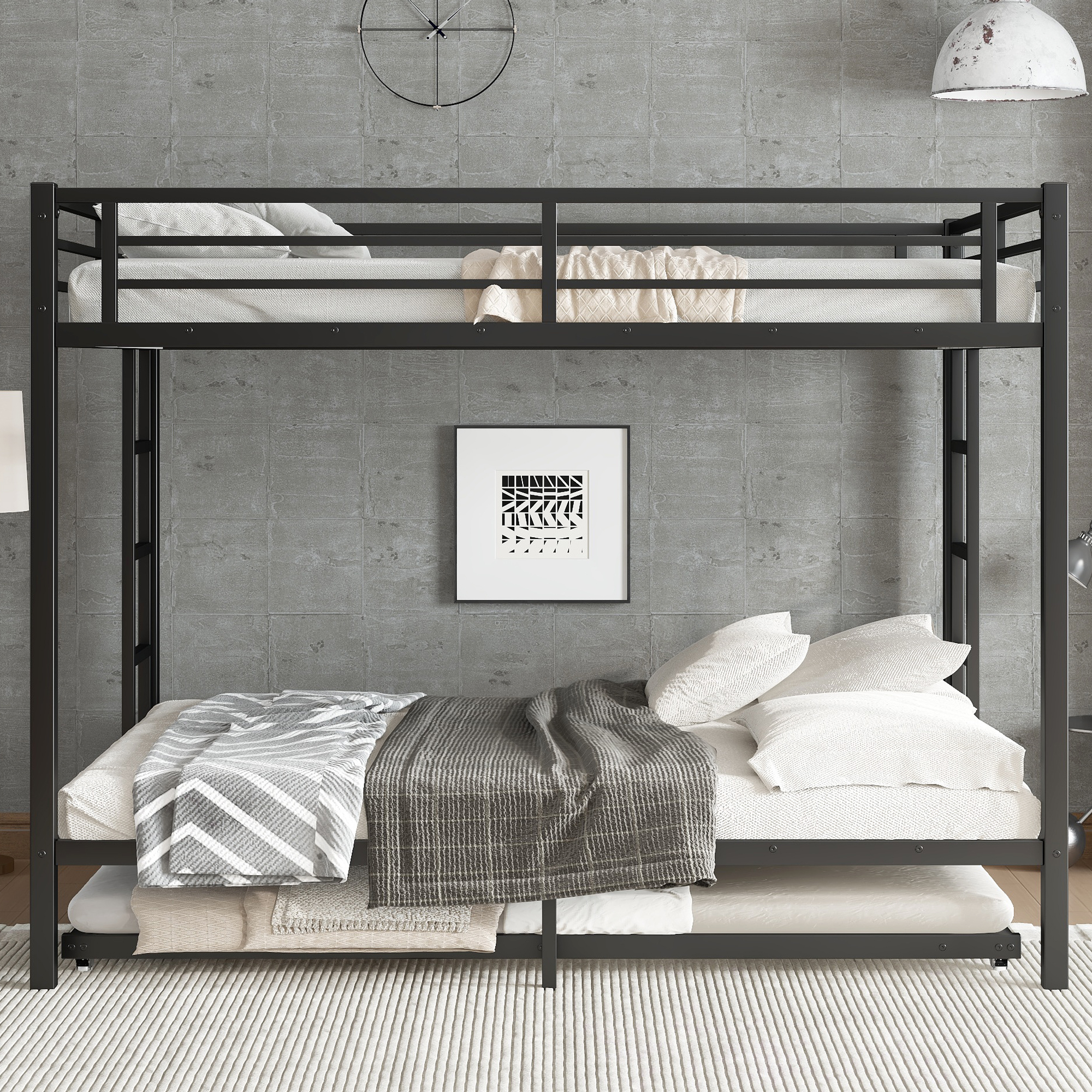 Queen over Queen Metal Bunk Bed with Twin Size Trundle, Black - Image 2