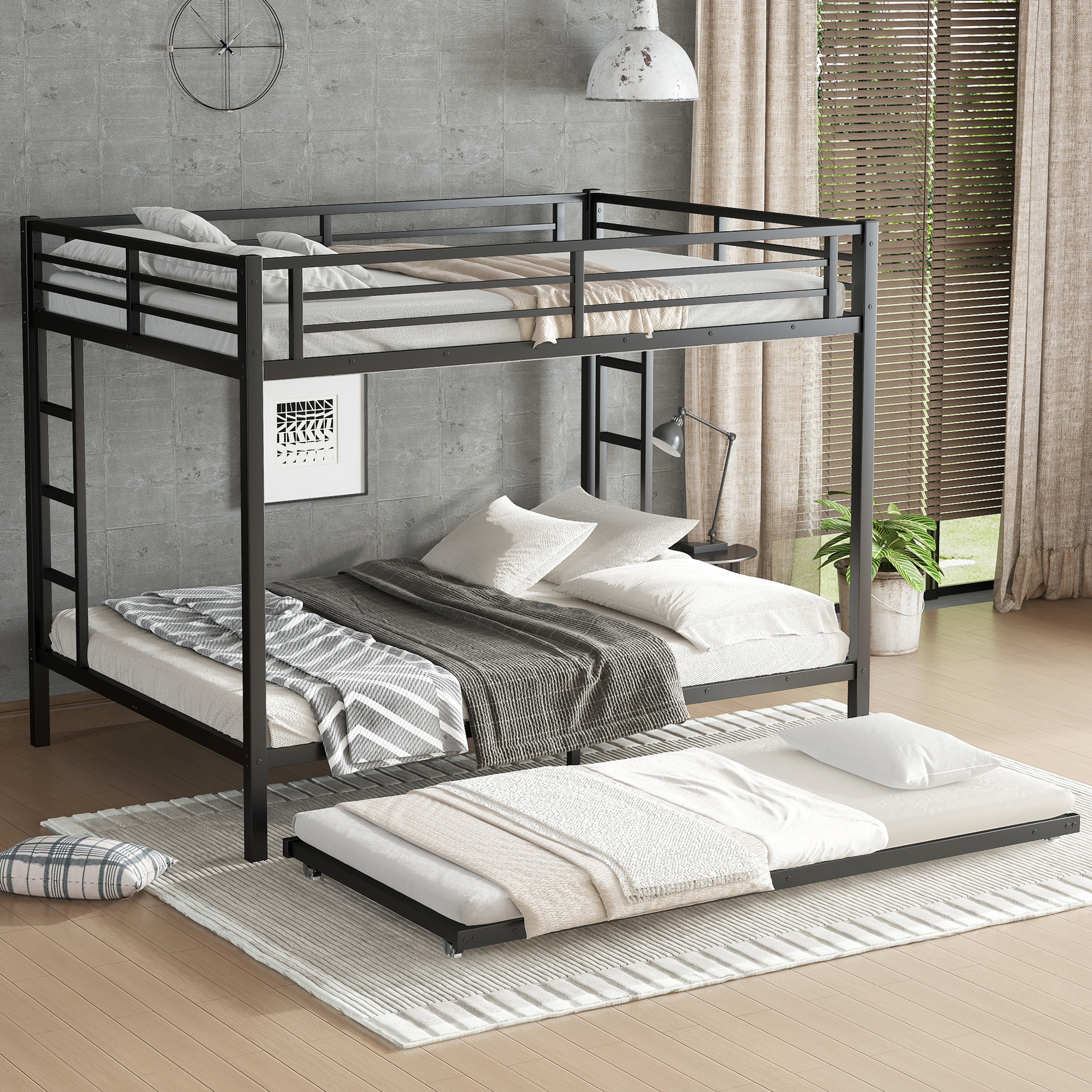 Queen over Queen Metal Bunk Bed with Twin Size Trundle, Black - Image 3