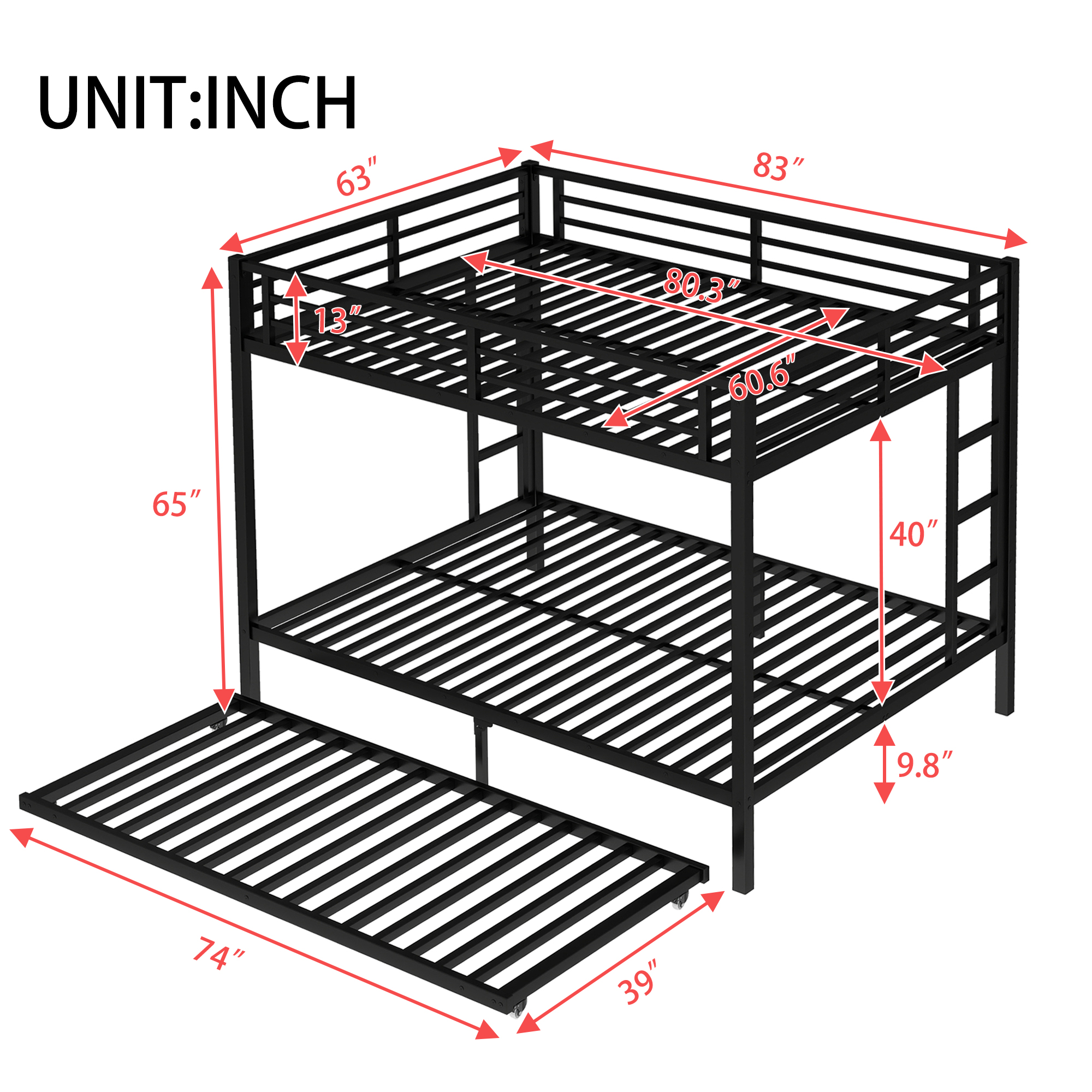 Queen over Queen Metal Bunk Bed with Twin Size Trundle, Black - Image 4
