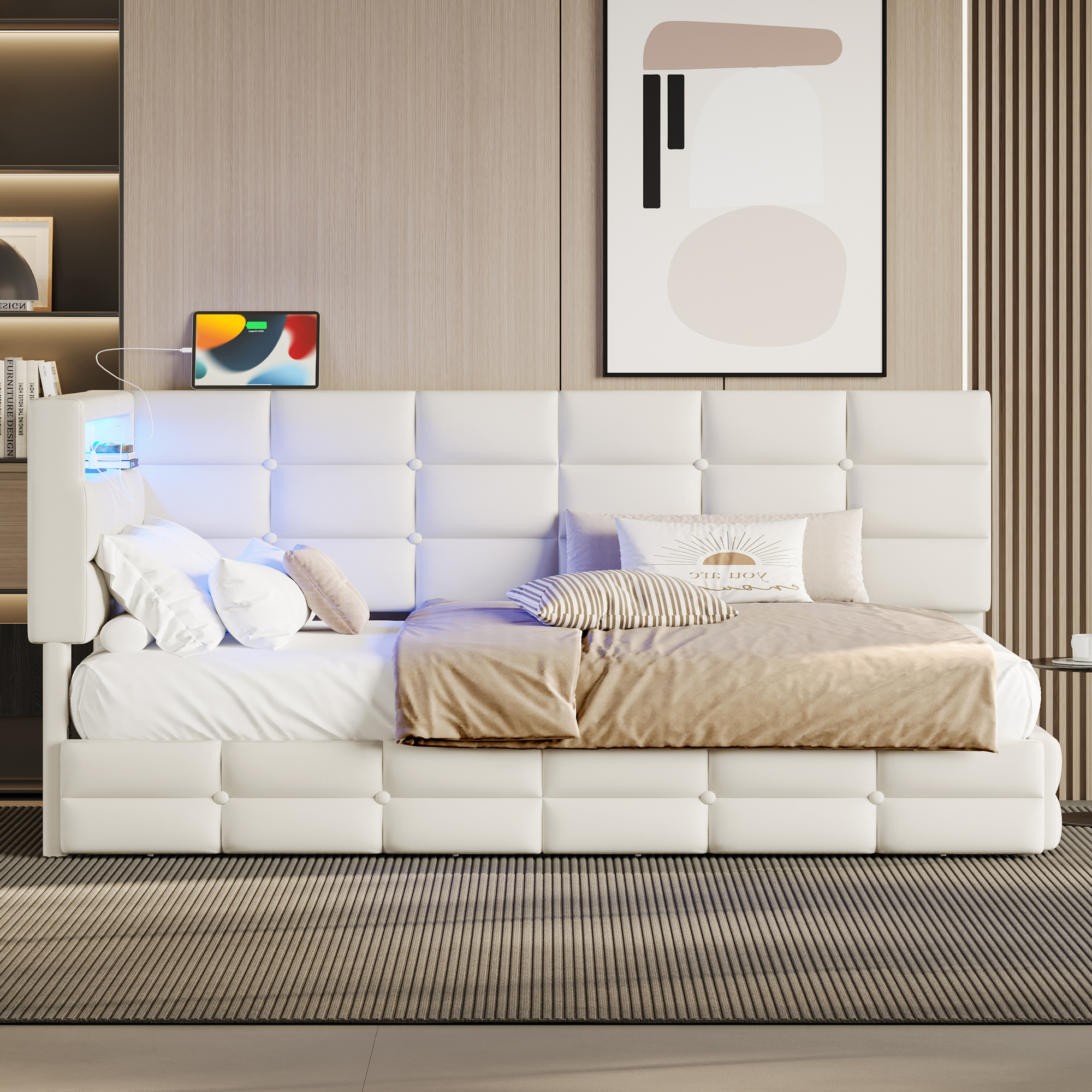 Upholstered Twin Size Daybed with Storage 2 Drawers and Charging Station, Day Bed Frame with LED Lights and Storage Headboard, No Box-Spring Needed, Beige - Image 2