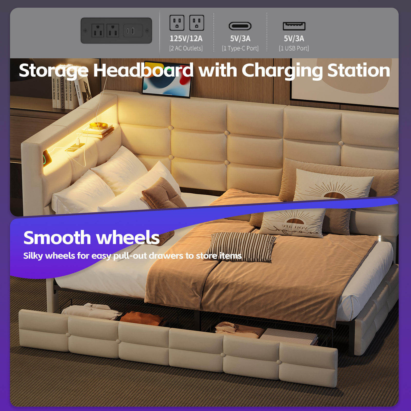 Upholstered Twin Size Daybed with Storage 2 Drawers and Charging Station, Day Bed Frame with LED Lights and Storage Headboard, No Box-Spring Needed, Beige - Image 3