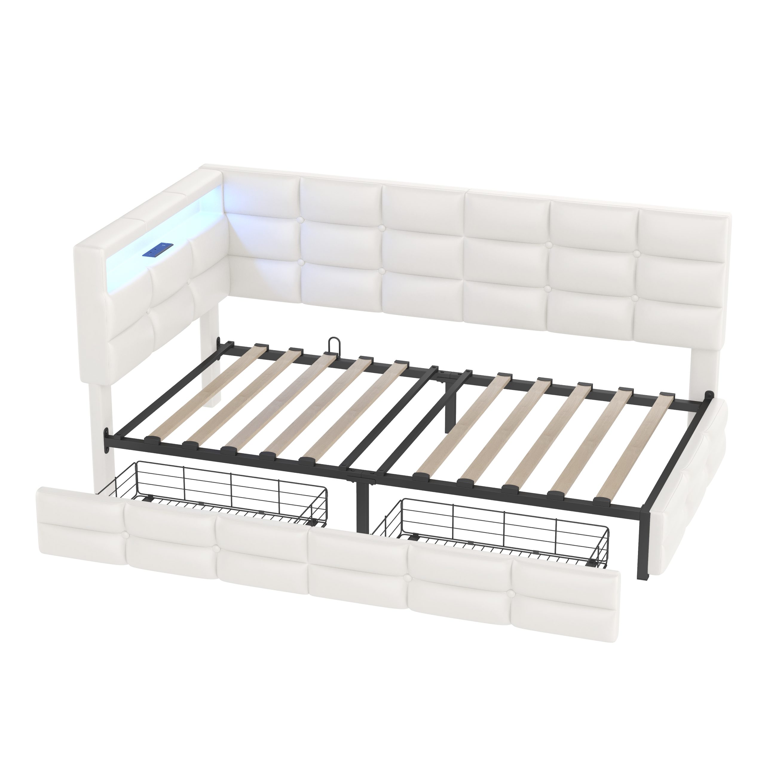 Upholstered Twin Size Daybed with Storage 2 Drawers and Charging Station, Day Bed Frame with LED Lights and Storage Headboard, No Box-Spring Needed, Beige - Image 5