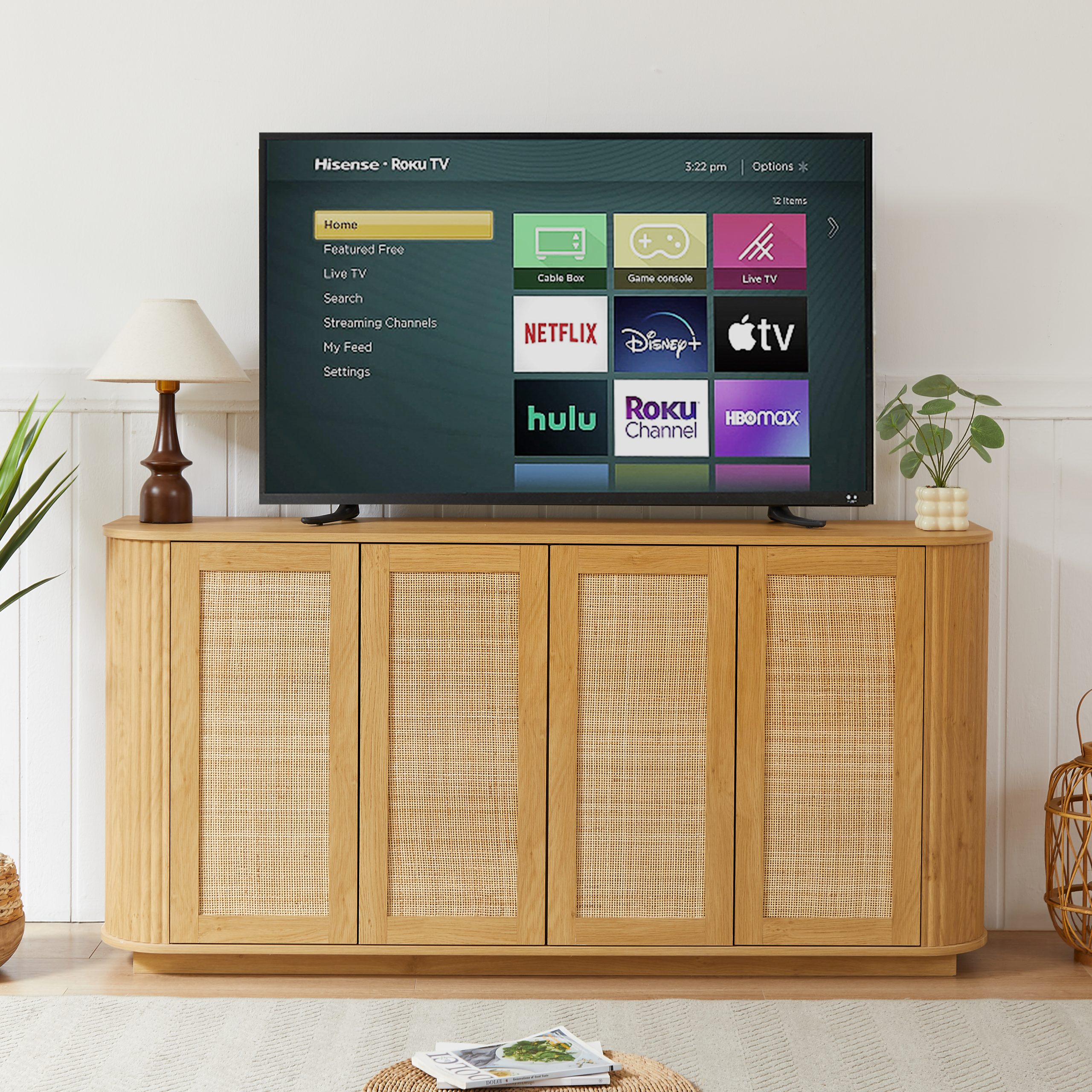 64-inch wave shaped TV stand, rounded corner sideboard, storage cabinet, buffet, wood vertical striped cabinet with rattan doors for kitchen/bedroom/entryway. Natural, 64''W x 15''D x 31.5''H - Image 2